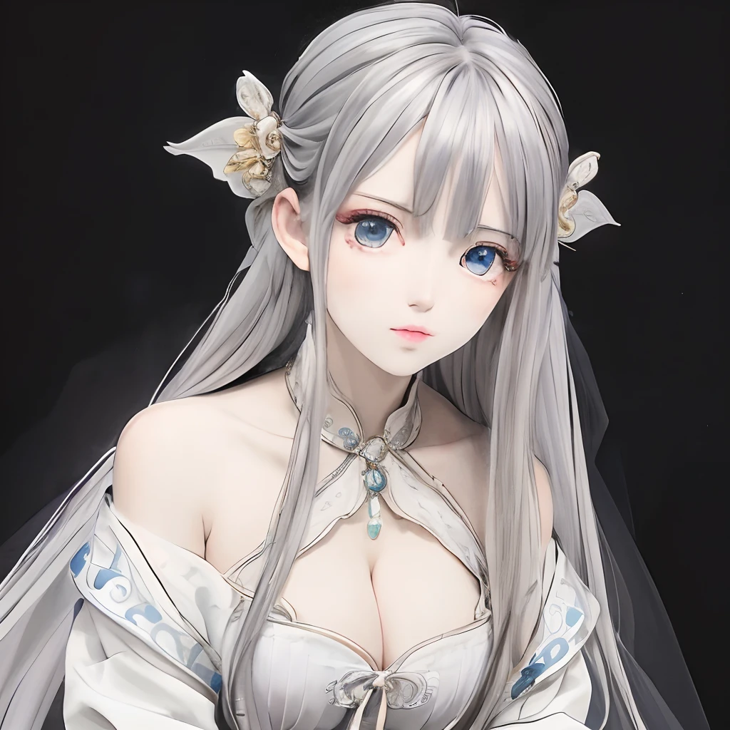 best qualtiy，highly  detailed，tmasterpiece，ultra - detailed，Realistis，Lora，reZEROEmilia_emiliaV1，1girll，white backgrounid，simplebackground，Elaborate Eyes，Silver hair，a purple eye，hair_ornament，white offshoulder shirt，long whitr hair，pointy_ears，crown_braid，face expressionless，hair straight，Sat down，big cleavage breasts
