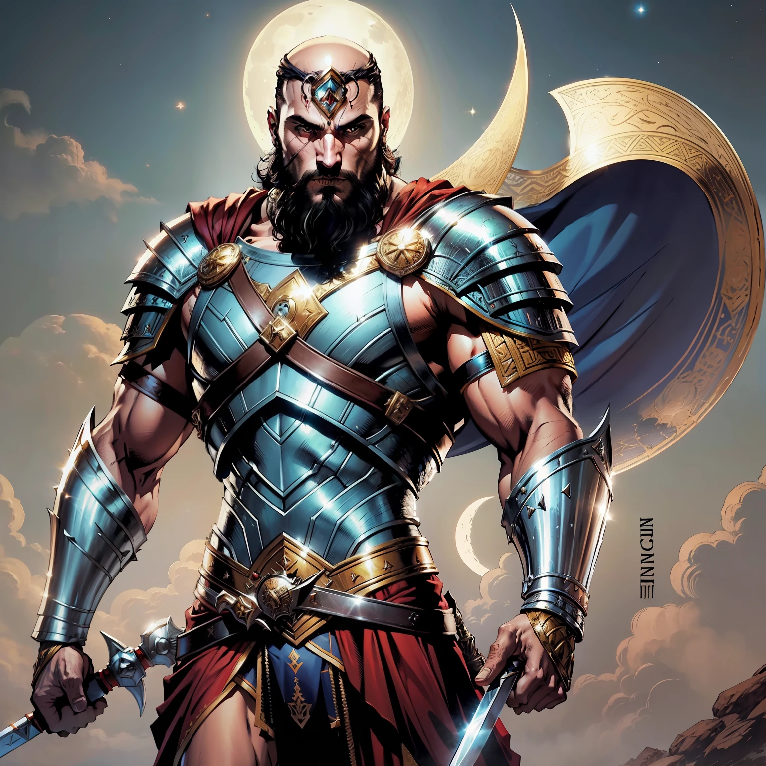 Arabian moroccan handsome bald beard muscular medieval warrior leather Armor outfit shiny Moon behind hyper realistic super detailed Dynamic pose holding Sword Epic scene