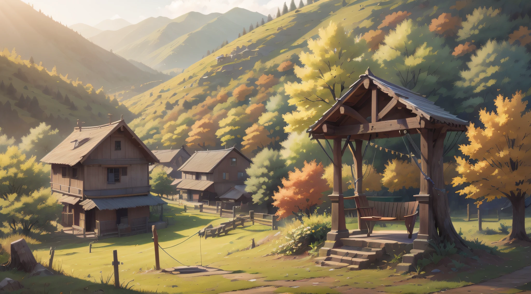 In autumn, the valley ancient village swing is unmanned and empty