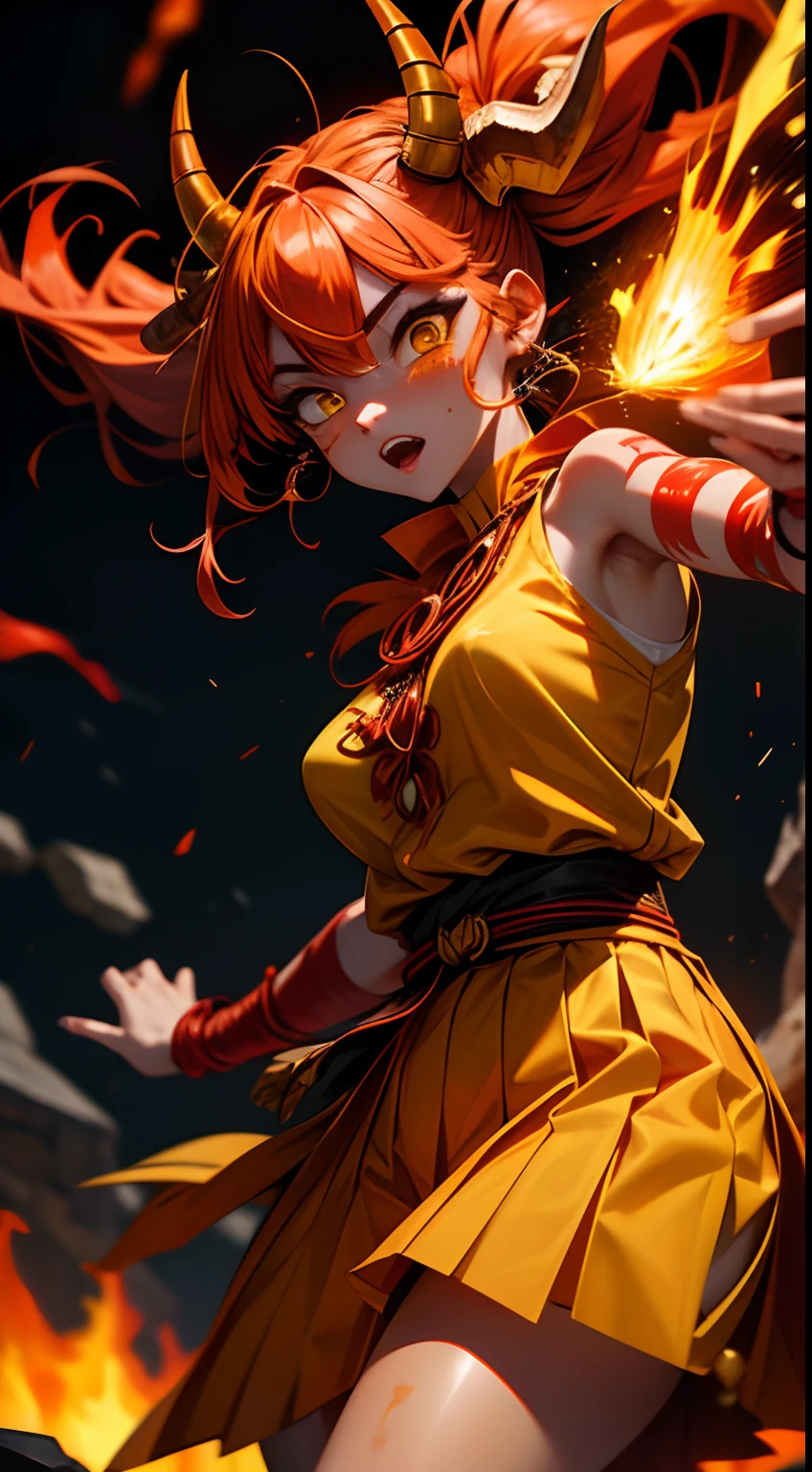 oni, demon girl, tribal scars on face, jagged horns, flame-red hair, rugged, molten ((yellow skin)), volcanic plateau, dancing in lava light, celebrating, detailed face, tribal drums, fiery skirt, wholesome