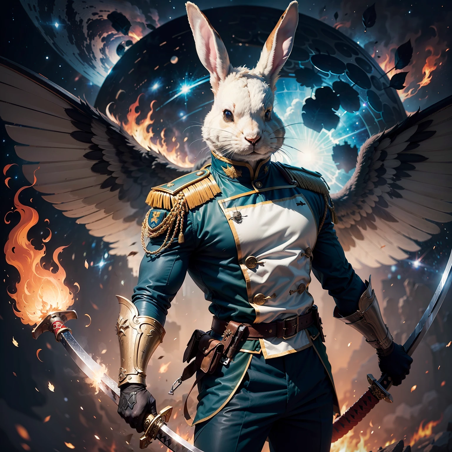 Man with rabbit head, utilizando um traje militar azul branco e vermelho, with FRA symbol on the chest of the costume, Flying over the galaxy with a flaming katana in his right hand, and wielding a shield in his left hand,