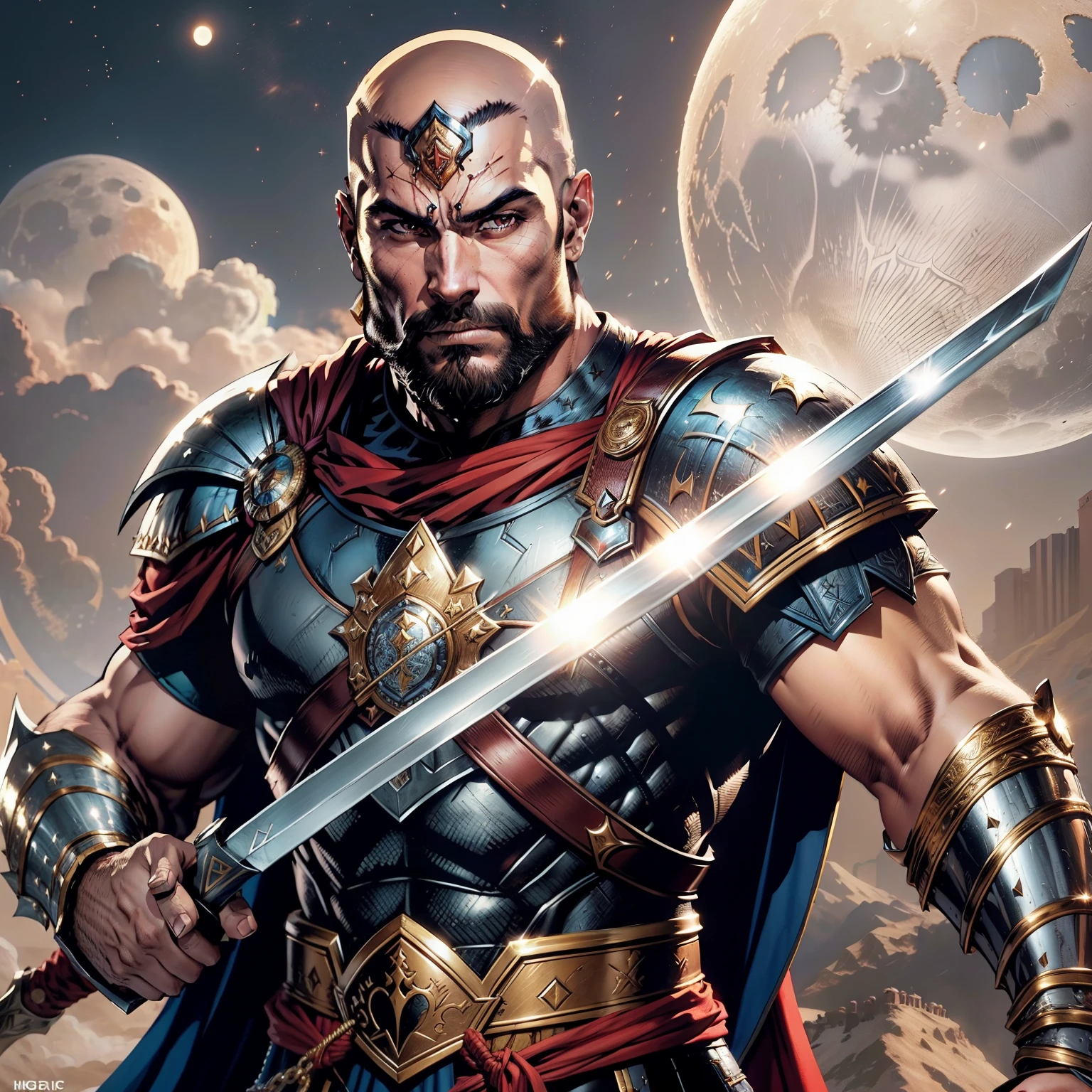 Arabian moroccan handsome bald beard muscular medieval warrior leather Armor outfit shiny Moon behind hyper realistic super detailed Dynamic pose holding Sword Epic scene