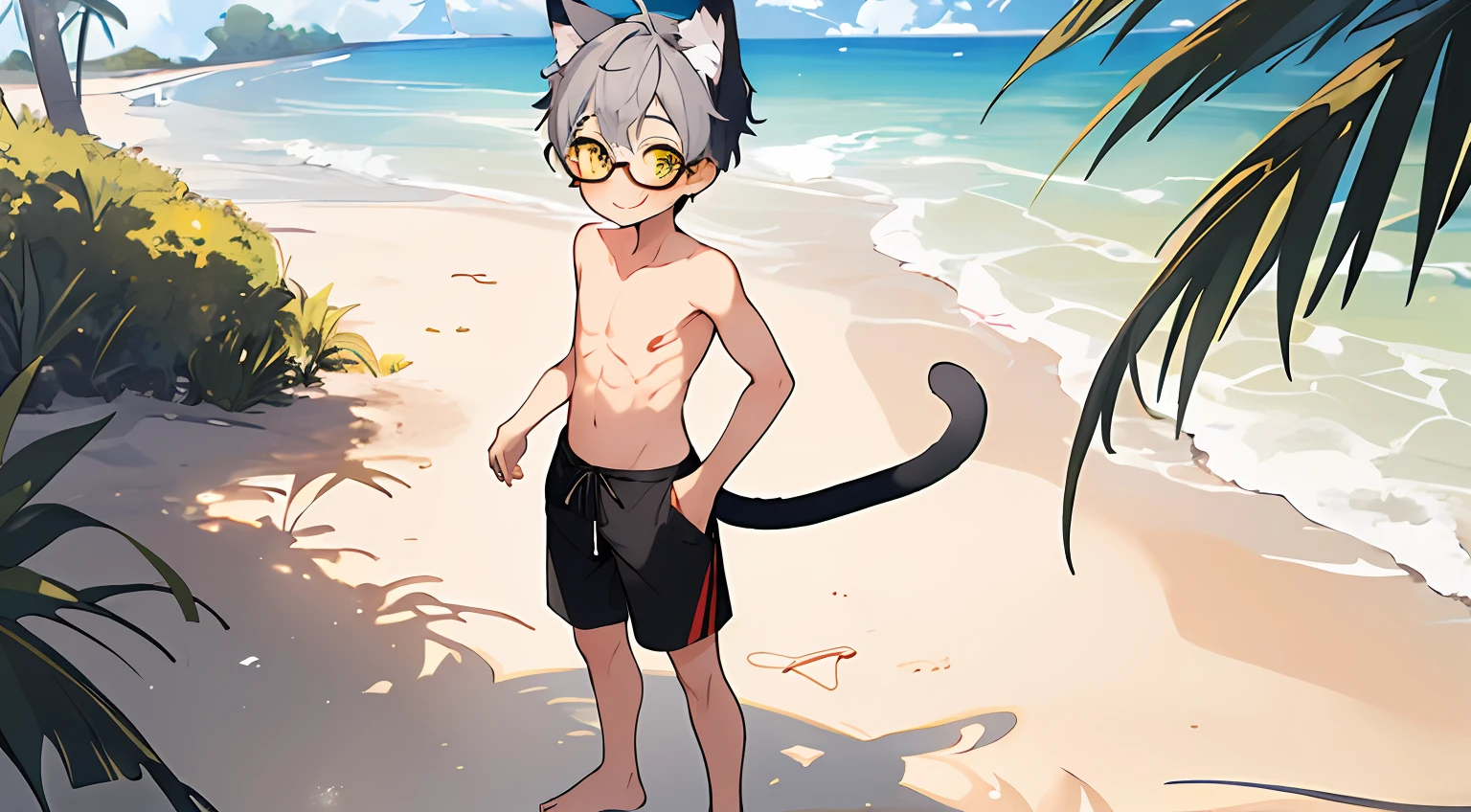 ((masterpiece)),(((best quality))), (high-quality, breathtaking),(expressive eyes, perfect face), 1boy, solo, male, short, young, boy, short gray hair, yellow eyes, cat ears, cat tail, smiling, wearing round black glasses, blushing, No shirt, short black swim trunks, Barefoot, cute, standing in front of the beach