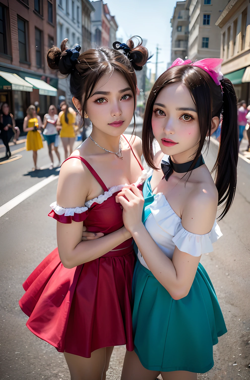 shukezouma, rendering by octane, hdr, (ultra - detailed:1.15), (Soft light, Sharp:1.2), (((duo,Two women in costume take selfies on the street,colorful pigtail, anime cosplaying,))),Beautiful girl, hyper detail eyes, mature, Painting drops, paint teardrops, woman made up from paint, entirely paint, splat, Splash, Long colored hair,paint bulb,paint drops, Exposed shoulders, Tears,shoulders are visible, Thighs exposed, seminude, focus onface, Beautiful face, eye shadows, Dark circle contour,mascara, Beautiful, 18yr old