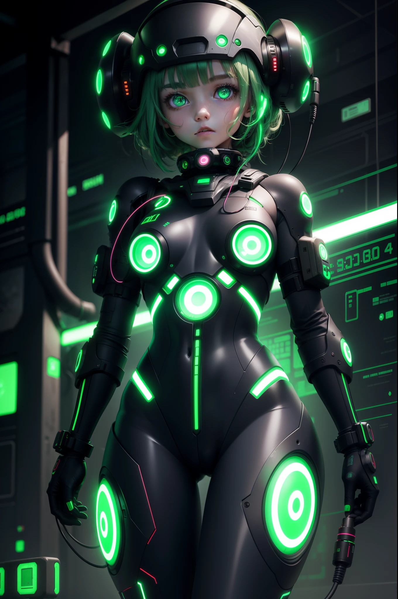 shodanSS_soul3142, 1girl, glowing eyes, green theme, tube in head, cables, neon, science fiction, circuit board background