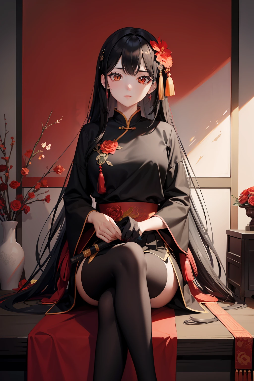Black hair with traditional Chinese colors, The beauty of the cheongsam，camelliamix，florals，Red flower，Red rose，rosette，The sword，arma，katana swords，1girll，Pink_Rose，Pink_flower，Spider lily，shoe，long whitr hair，校服，serafuku，sword sheath，a skirt，独奏，Holding_sword，sword sheath，vases，Looking_at_peeping at the viewer，sitted，Orange_flower，pleatedskirt、rose petals、Black shirt、black colored leggings、a black skirt、Holding_scabbard、Hibiscus flower、Very long hair、partedlips、high-heels、Sailor collar、Black color hair