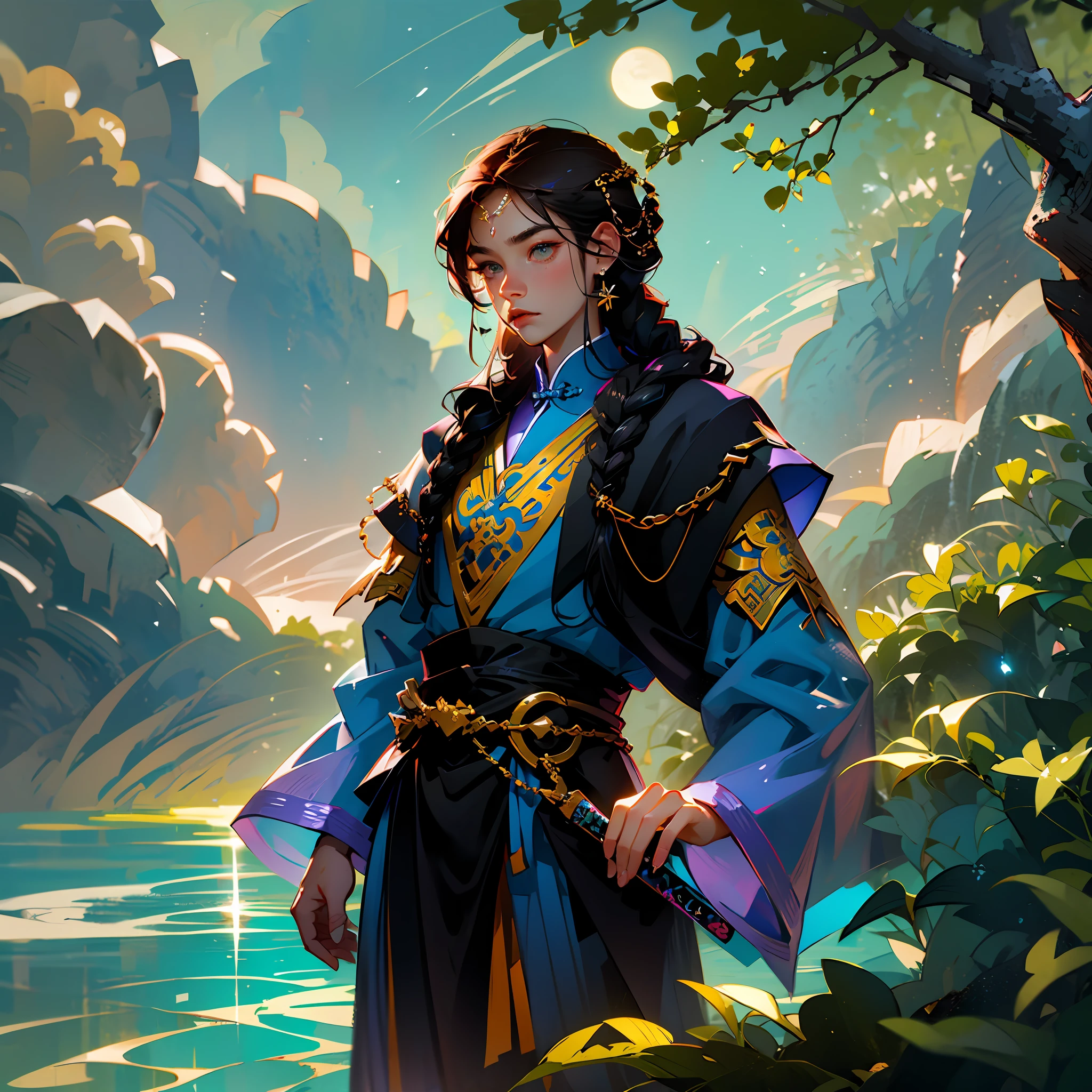 tmasterpiece,Need,exteriors,the night,moon full,lakeside,tree branch,1male people,Mature man,China-style,Chinese Ancient Times,brunette color hair,blackigeyes,Long split ends,with long bangs,handsome,Handsome,virile,gentleness,large tall,chill out,Black period costume,a sword,Exquisite facial display ,single braid --auto --s2