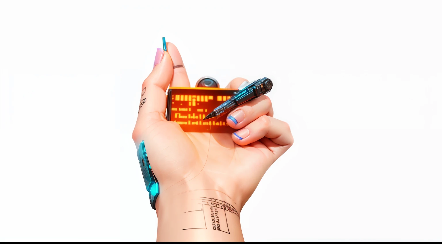 "hand writing, cyberpunk, robotic"
