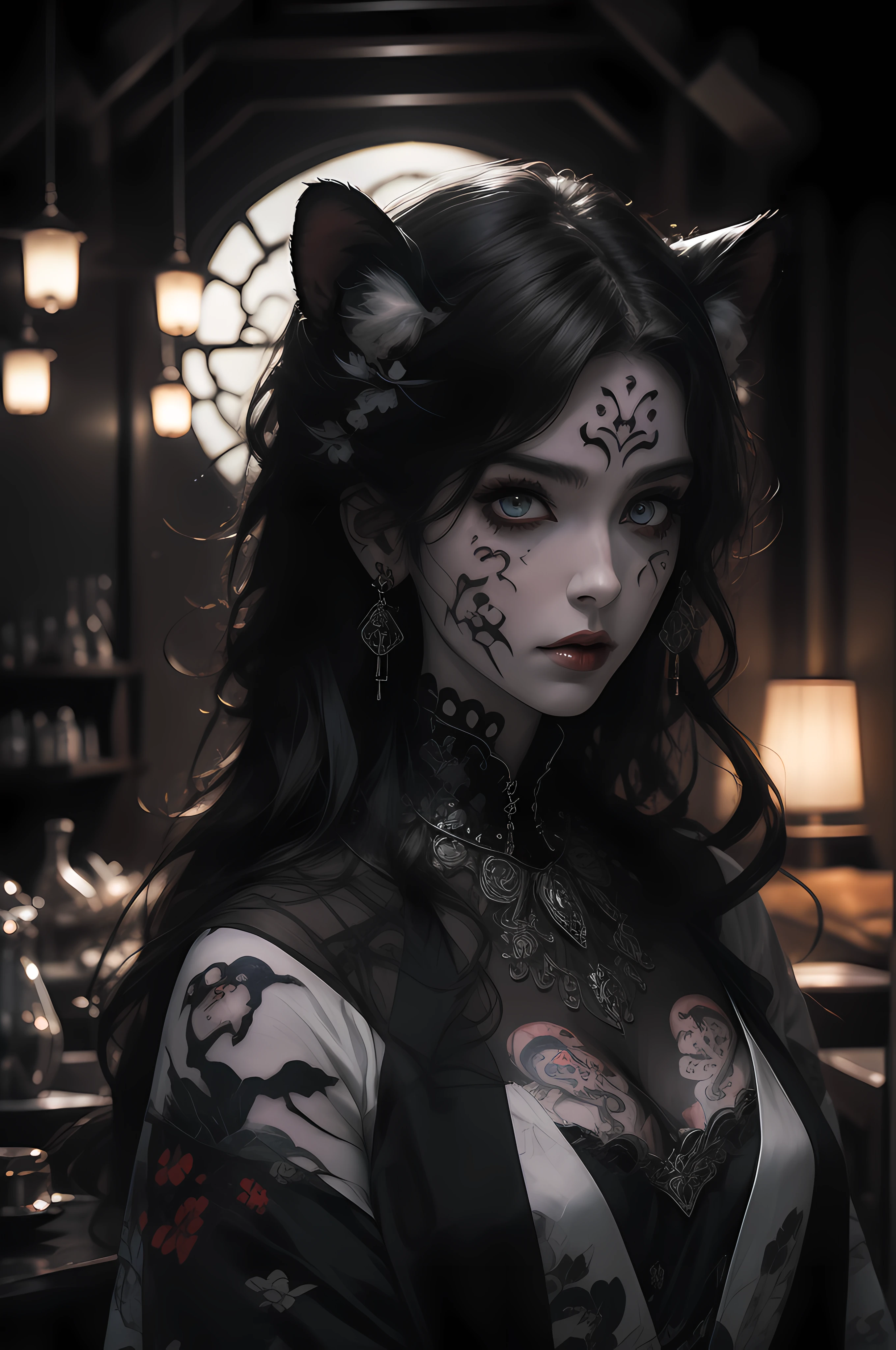 Masterpiece, Best Quality, (Intricate Details: 1.2), Beautiful Face, Anime Illustration, (Black and White Theme), Ukiyo-e, ((1girl, (Facial Tattoo: 1.2), Little Ghost Horn, )), Anime Girl with Tiger Eyes and Black Hair, Red Eyes, This painting depicts a person holding a tiger head up close and presents a dark witch-like character. She has beautiful long hair, white and black hair, and this painting is a beautiful comic art. The character is murderous, as if he wants to bite down, with crystal clear hair and wary eyes. But on the screen, you can see the incarnation of the holy elements of the gods