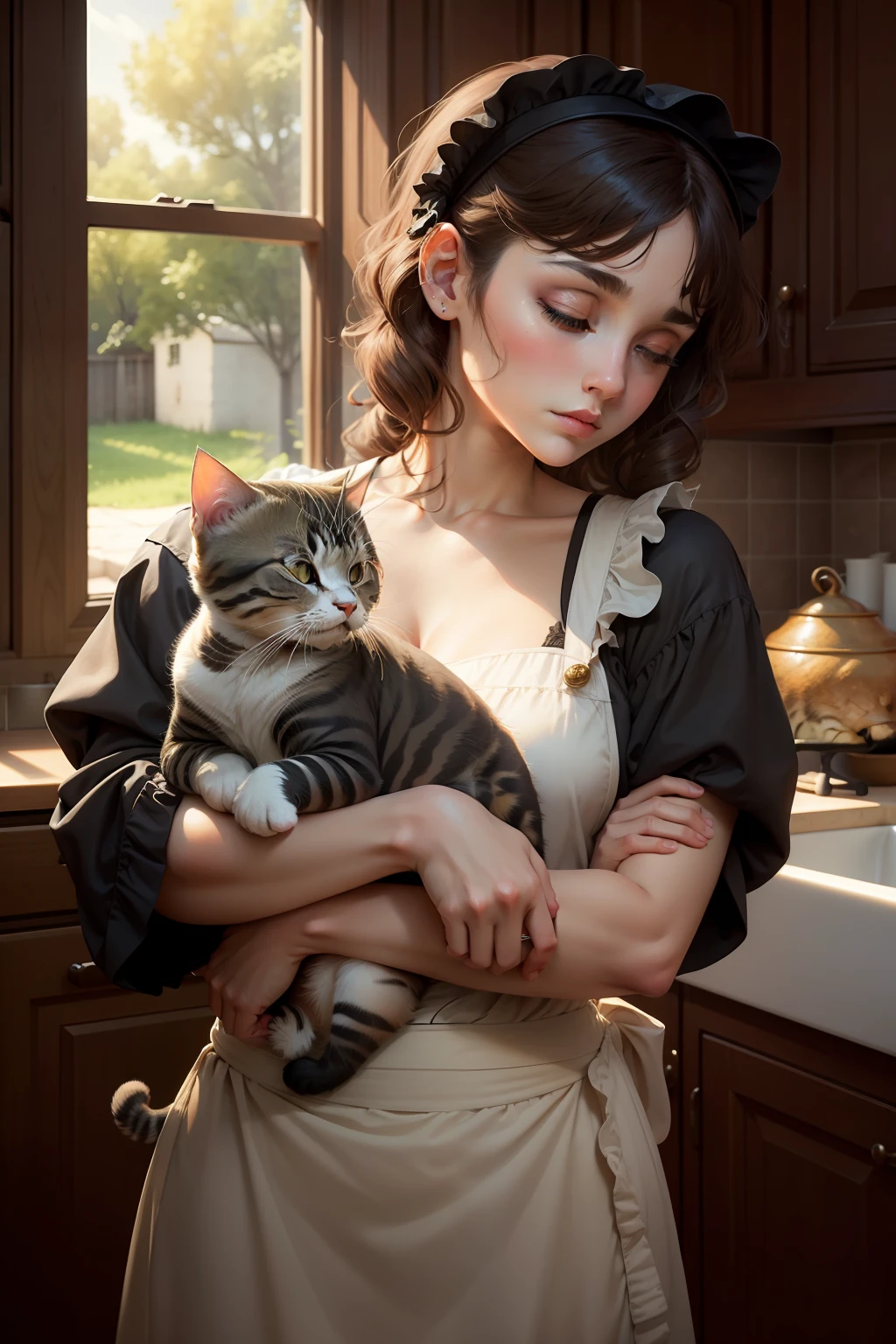 Kitchen, tortoiseshell cat, kitten, sleeping, Neoclassicism, modern, Renaissance, textured skin, high details, high quality, UHD