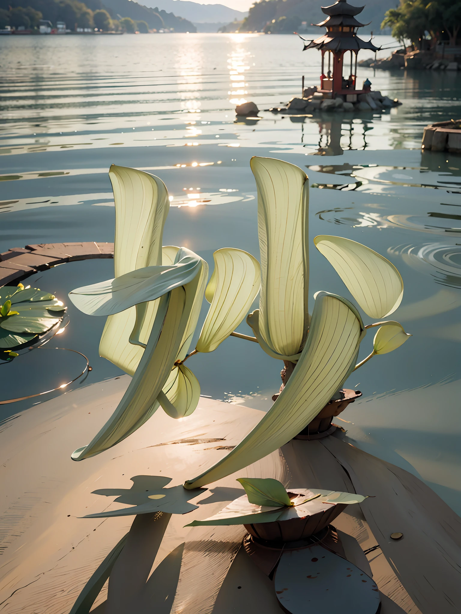 lotuses,Pavilion,Lotus leaf,Beautiful,Riverside,Small bridge,Highest image quality