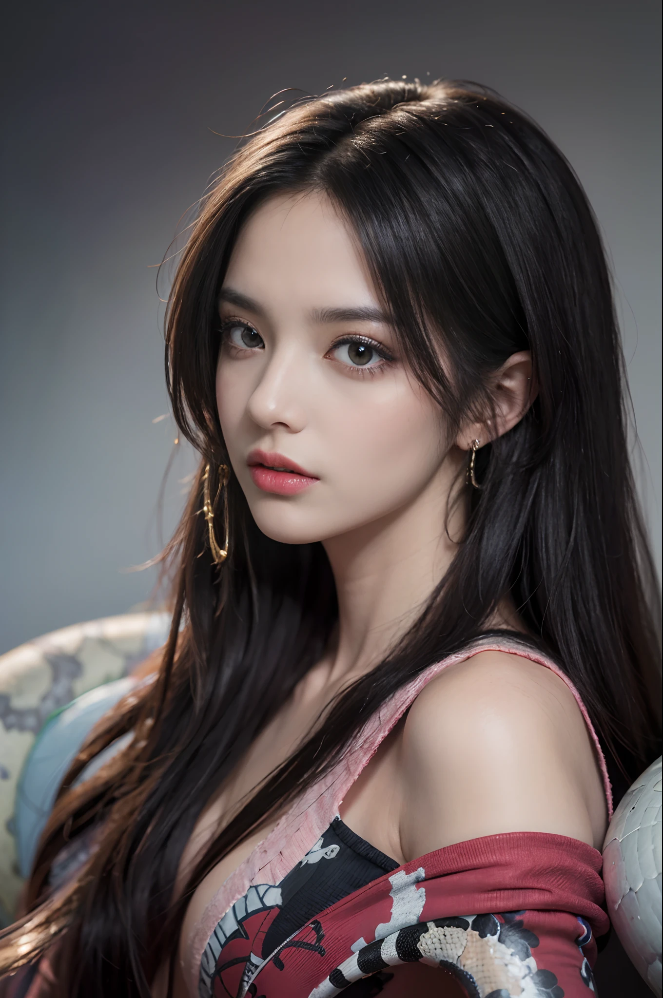 (((masterpiece+best quality+high resolution+ultra-detailed))), boa hancock, long silky black hair, high nose, sharp eyes, noble and inviolable temperament, (([female]: 1.2 + [beauty]: 1.2 + black long hair: 1.2)), snake_skull background, bright eyes, dynamic angle and posture.