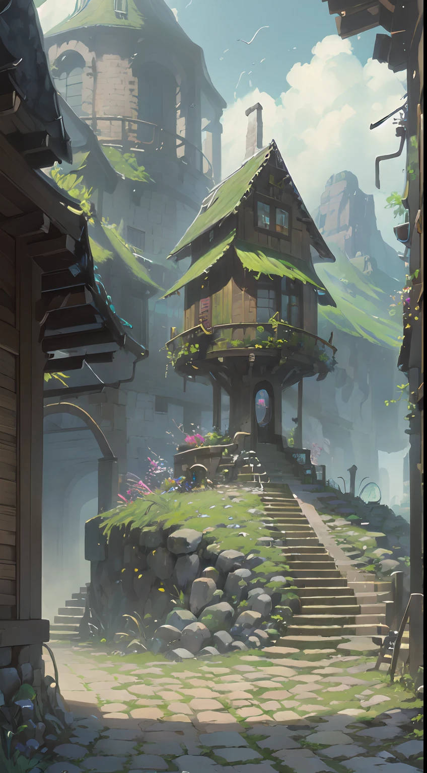 "Up the green slope, beneath the forest’s roof, 
With slow, soft steps leaving the mountain’s steep, 
And sought those inmost labyrinths, motion-proof" fantasy world, rpg, isekai (masterpiece:1.2, best quality, digital art, hyperrealistic details, detailed digital art, realistic texture, detailed CG, extremely high detail, digital illustration)