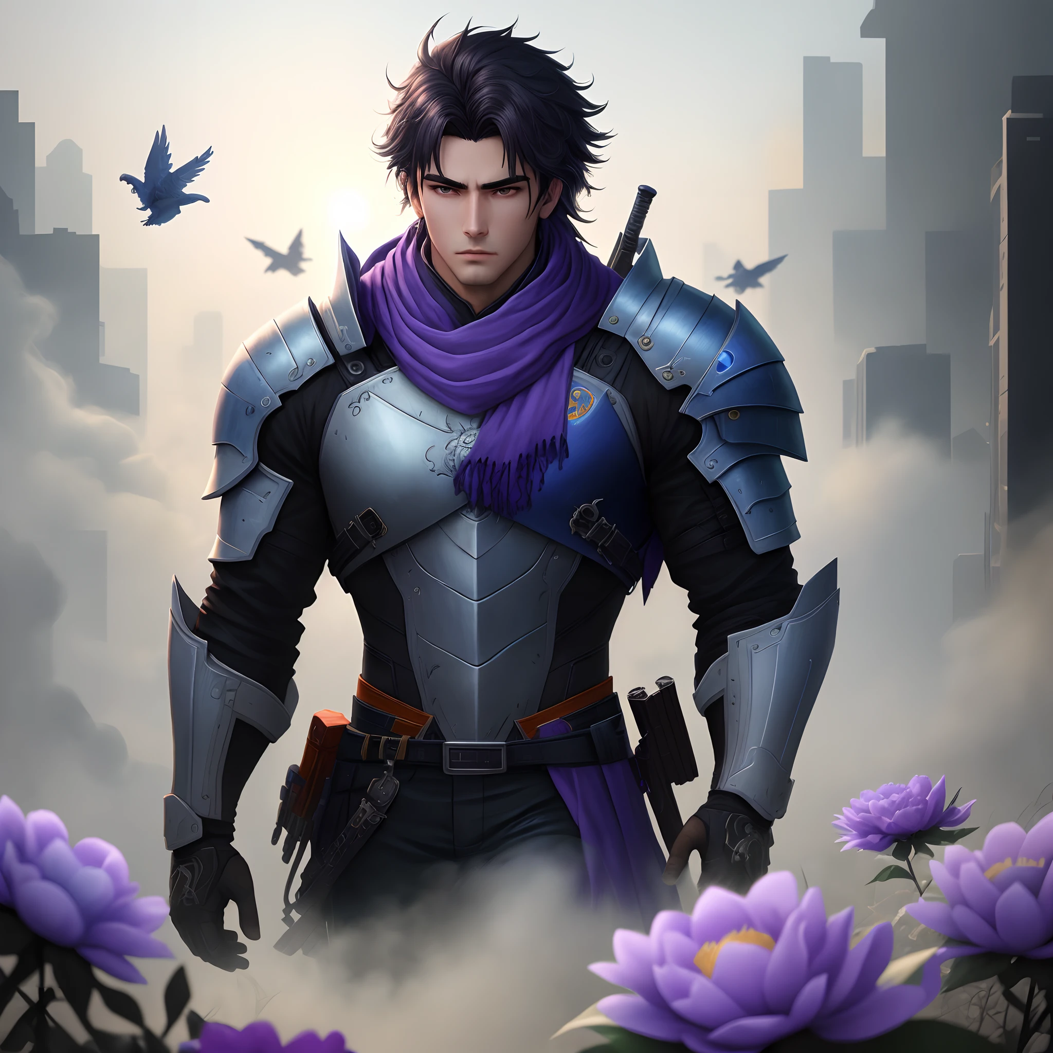 Blue-purple style，On his back is a scabbard on his back，Messy hair，Broken hair，cabelos preto e longos，knight-errant，Very beautiful cyberpunk digital artwork，malefocus，Handsome，heroic look，Adonis，Wearing a blue and white Chinese suit，Hold the sword on your shoulder，Chivalry style，High-quality detailed depiction，Blurred background and soft light accentuate，Mid-side shooting，Middle side view，Patterned decorations and ornaments，Broken flowers and flying flowers，Surrounded by thick fog，The light and shadow change is extremely exquisite。Anime style 4K，wearing a purple scarf