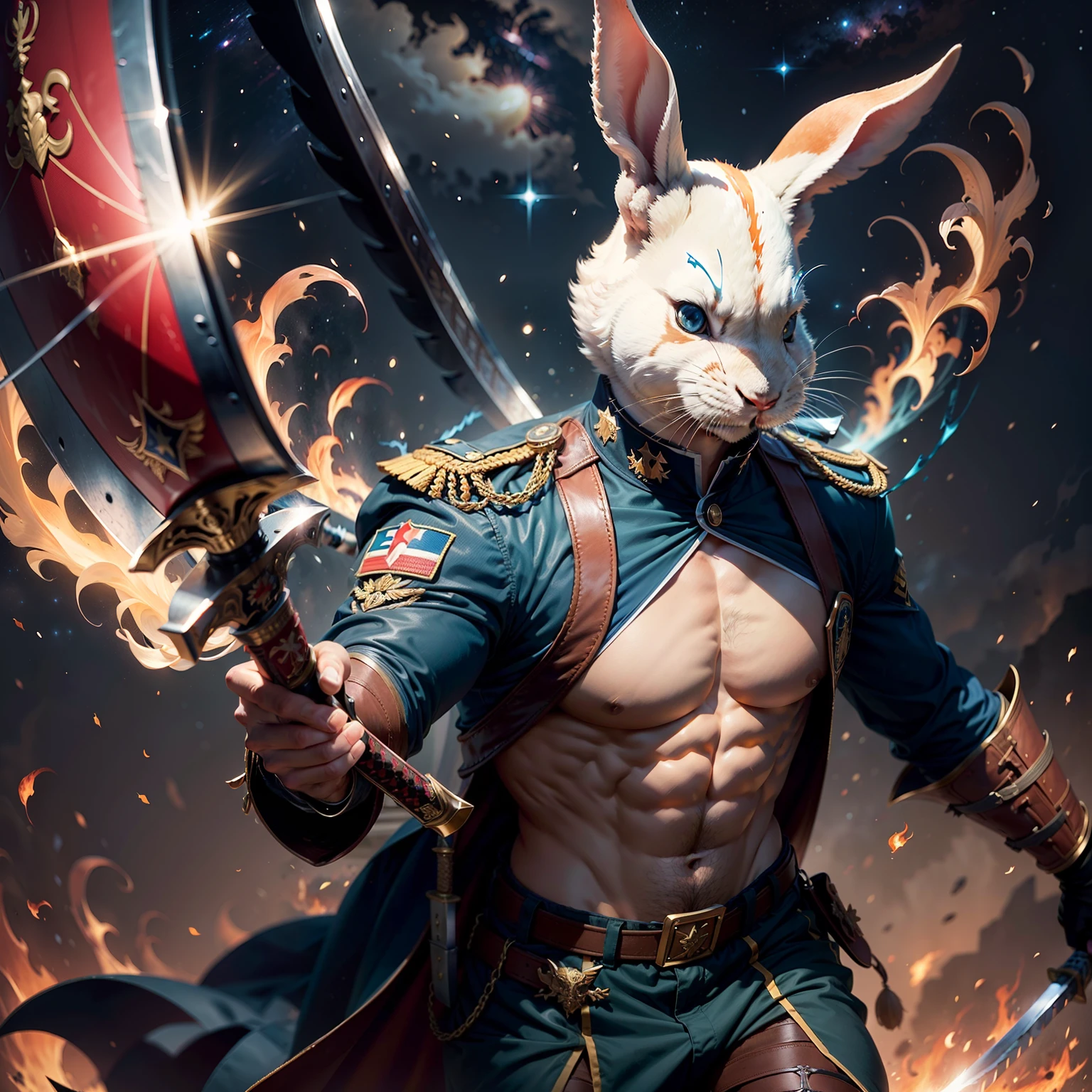 Man with rabbit head, utilizando um traje militar azul branco e vermelho, with FRA symbol on the chest of the costume, Flying over the galaxy with a flaming katana in his right hand, and wielding a shield in his left hand,