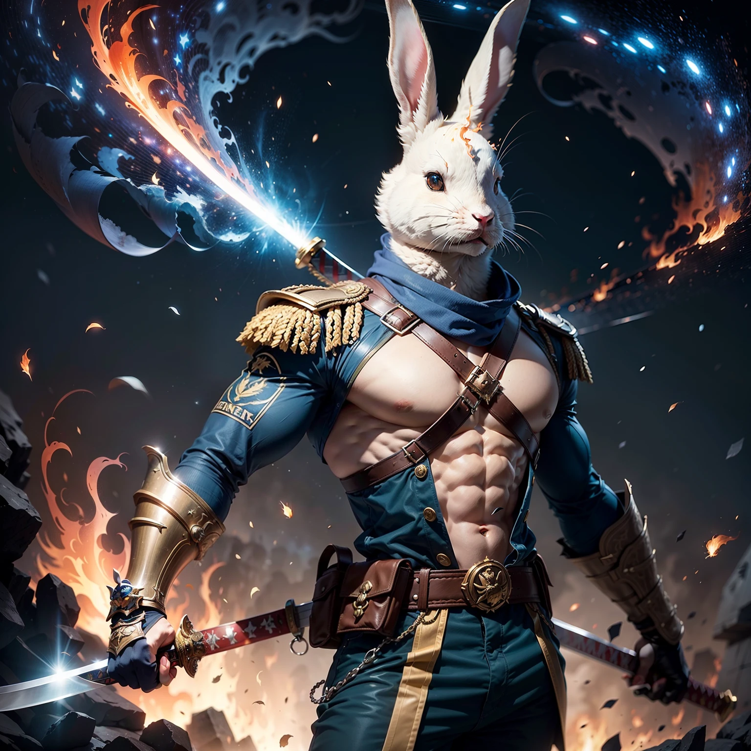 Man with rabbit head, utilizando um traje militar azul branco e vermelho, with FRA symbol on the chest of the costume, Flying over the galaxy with a flaming katana in his right hand, and wielding a shield in his left hand,