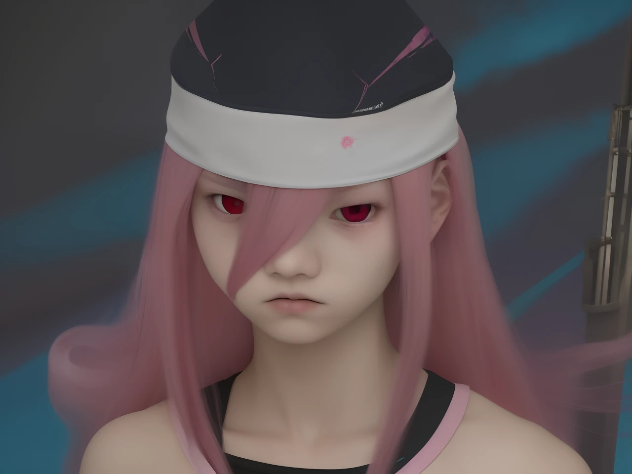 1girl,tayuya,realistic,has long pink hair and red eyes, wears a white ninja outfit with a skirt and jacket, has a musical pattern as well as a red mark on his forehead, carries a large flute-like instrument hung on his back