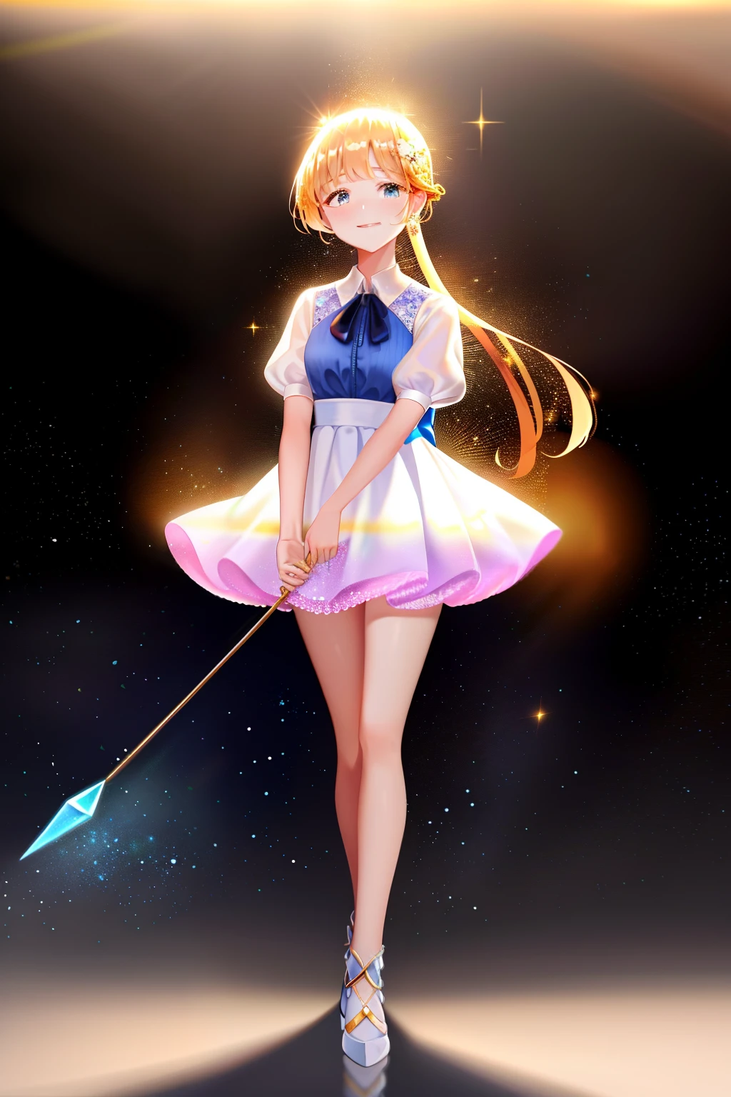 Masterpiece level 4k wallpaper：Exquisite to stunning picture quality，Comparable to cinematic lighting effects。In this painting，There is a girl with a unique character，She has amber hair and shimmering silver earrings，It looked as if there were small crystals suspended around her。The whole picture presents a fantastic golden costume，She had tears in her eyes，but with a happy smile。She stood next to a pole，The left hand wiped the tears，Carrying a bouquet of roses in his right hand。She wore a white shirt，Draped over a pink nylon coat，The lower body is blue-blue shorts，Slender legs paired with rose gold heeled sandals。