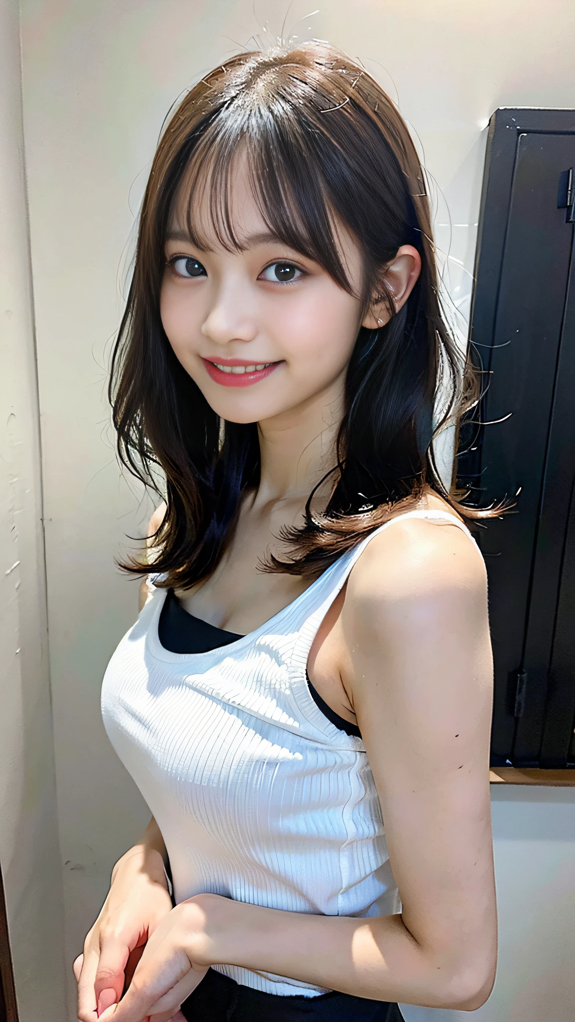 (top-quality、in 8K、32K、masterpiece、nffsw:1.2)、1girl in、beautiful japanese female、big breasts thin waist、(Beautiful nape)、((up hairstyle))、(Camisole-wearing、hotpants)、20yr old、In a room with the morning sun shining in、(In the biting pose:1.2)、(smil:1.5)、
