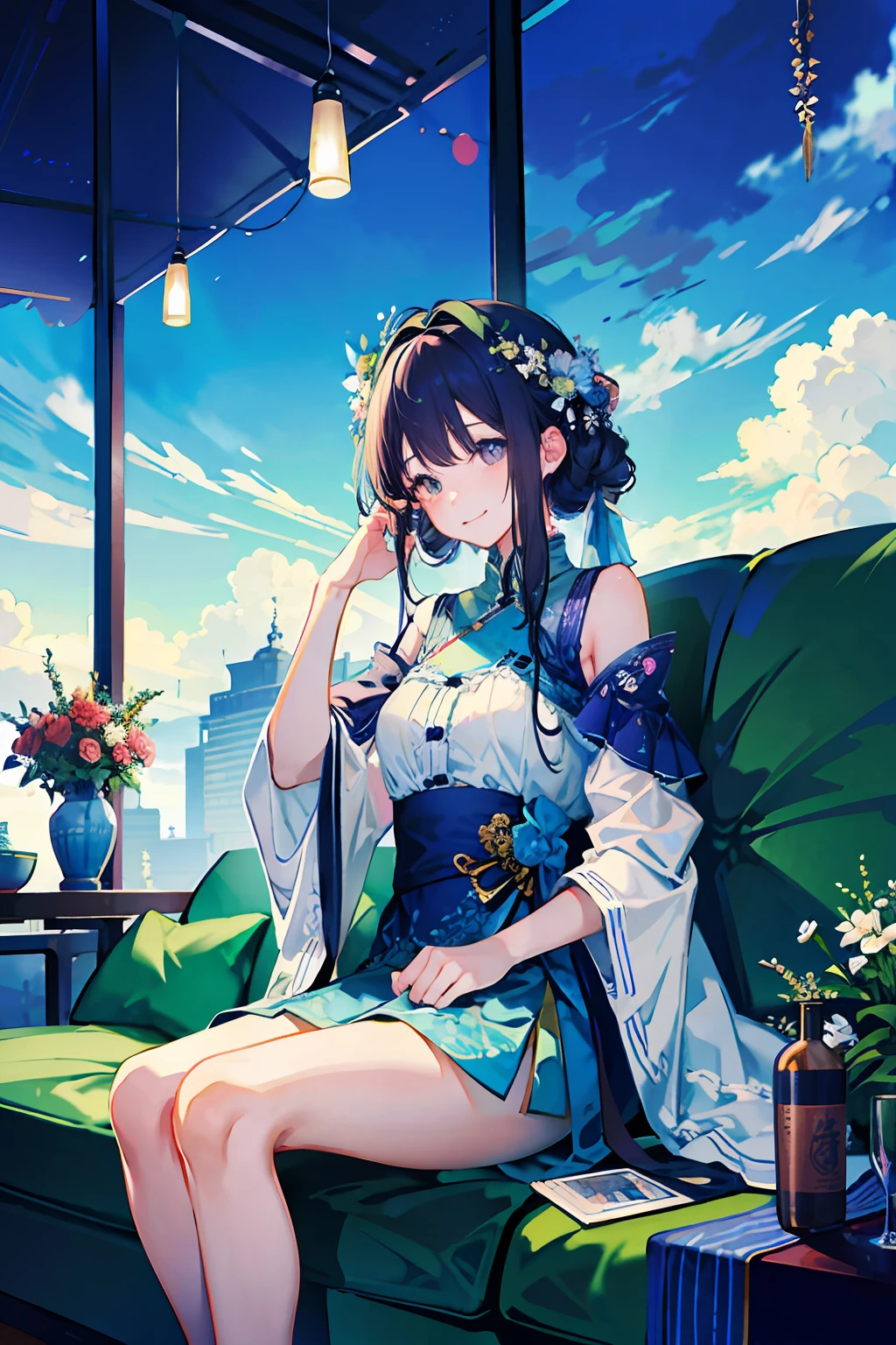 (Wallpapers+illustration)：Zhixia sat on the sofa in the consultation room，Gentle smile，Large curls scattered over the shoulders，Cyan eyes are full of care and understanding。Psychological support，hand sign，Gentle voice，Soothing action，Provide them with help and support under the guidance of a counselor。