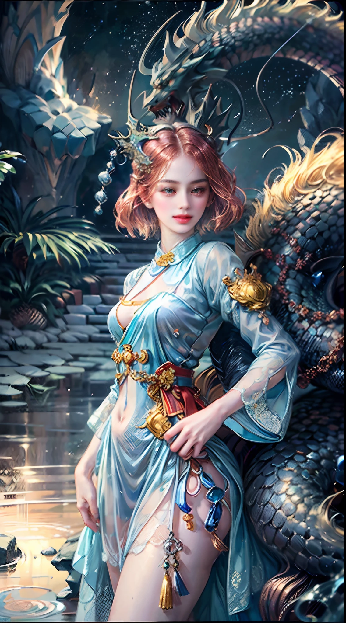 A mythical dragon,It has rainbow-like scales and silky wings,Carrying a haute couture female model on her back,Soar through the crimson sky。The female model wears an elegant outfit designed with a Chinese phoenix pattern,Strike fearlessly and embrace this amazing animal。The composition captures the determination and beauty of the model in close-ups,Blend Chinese cultural elements with haute fashion,Transports viewers into a world full of dreams and magic。The female model wears a delicate haute couture cheongsam gown with intricate patterns,Surrounded by spheres of floating water droplets,(Water drop sphere:1.8),It evokes the mysterious charm of the starry universe,Abstract landscape with ethereal design,Meticulous design of well-crafted clothing,Chinese fans,This is a close-up photography of a woman,(This woman has perfect body proportions:1.8),(Mid-chest and thin waist:1.8),(Small thin buttocks:1.8),(Hair is neat:1.8),(the feet:1.8),The content is super detailed and informative,Realist conception,The style is original,UHD resolution,Hyper-realistic,Realistis,Eyes look at the audience and smile,(The eye:1.8),(Eye sizes are consistent:1.8),Hibiscus moon and water drops,sunraise,bokha mood,(An extremely delicate and beautiful girl:1.8),8k wallpaper,8k,8K original{{{tmasterpiece}}},RAW photogr,(8K at its best, tmasterpiece:1.8), (Super realistic, Super realistic:1.8), ultra-detailliert,(tmasterpiece:1.8),best qualtiy,tmasterpiece,hires,Original,Very detailed ultra HD wallpapers,Perfect for bright cool lighting,Super detailed facial features are beautiful and beautiful,(Super realistic and beautiful facial features:1.8),Super detailed limbs sound and beautiful,(Super realistic and beautiful limbs:1.8),Super detailed action elegant and charming,(White as jade, lustrous and flexible, smooth arms and legs:1.8),(The fingers of the left hand point in a unified direction:1.7),(The fingers of the right hand point in a unified direction:1.7)