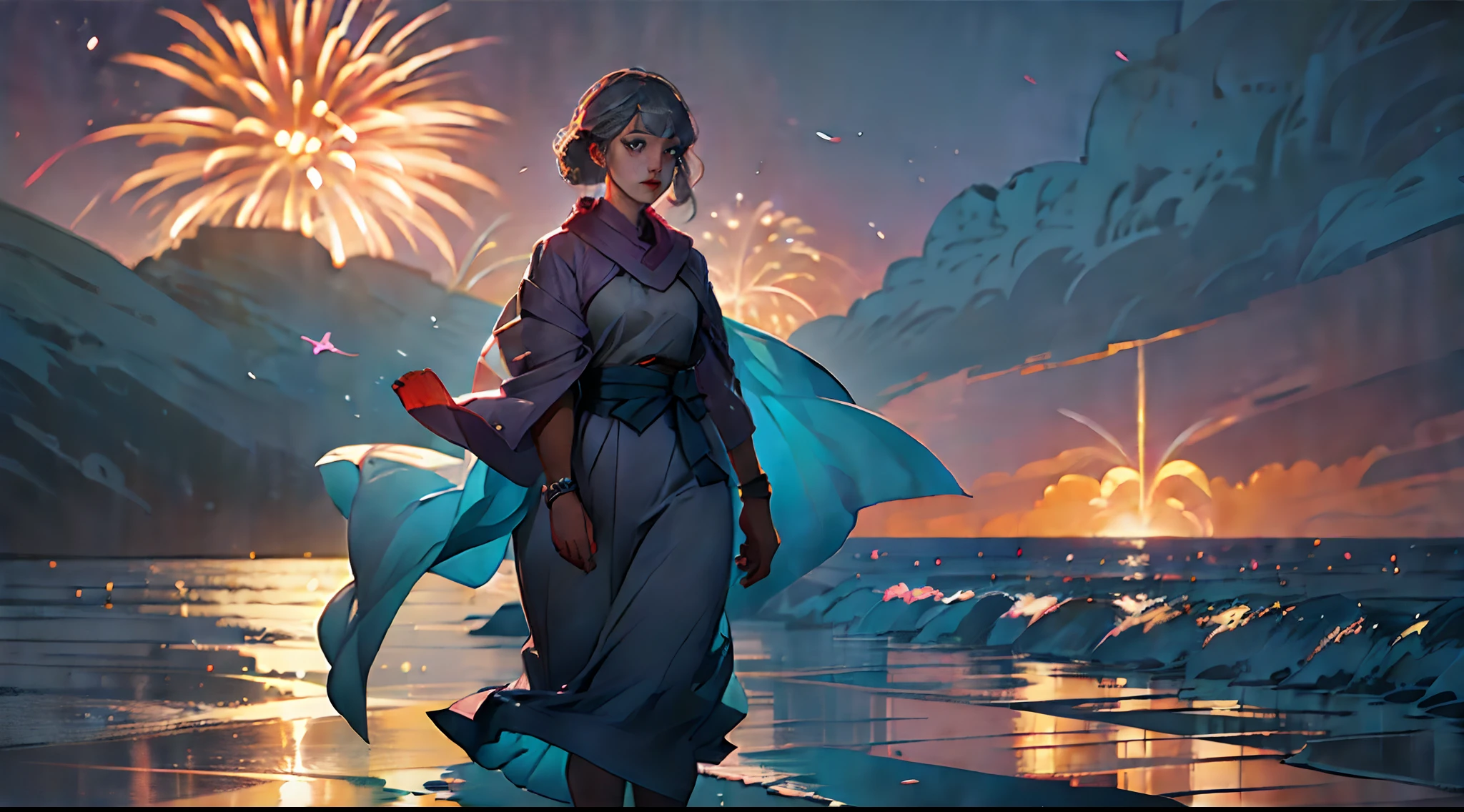 Sunset by the sea，Gray hair fluttering，Fireworks bloom。