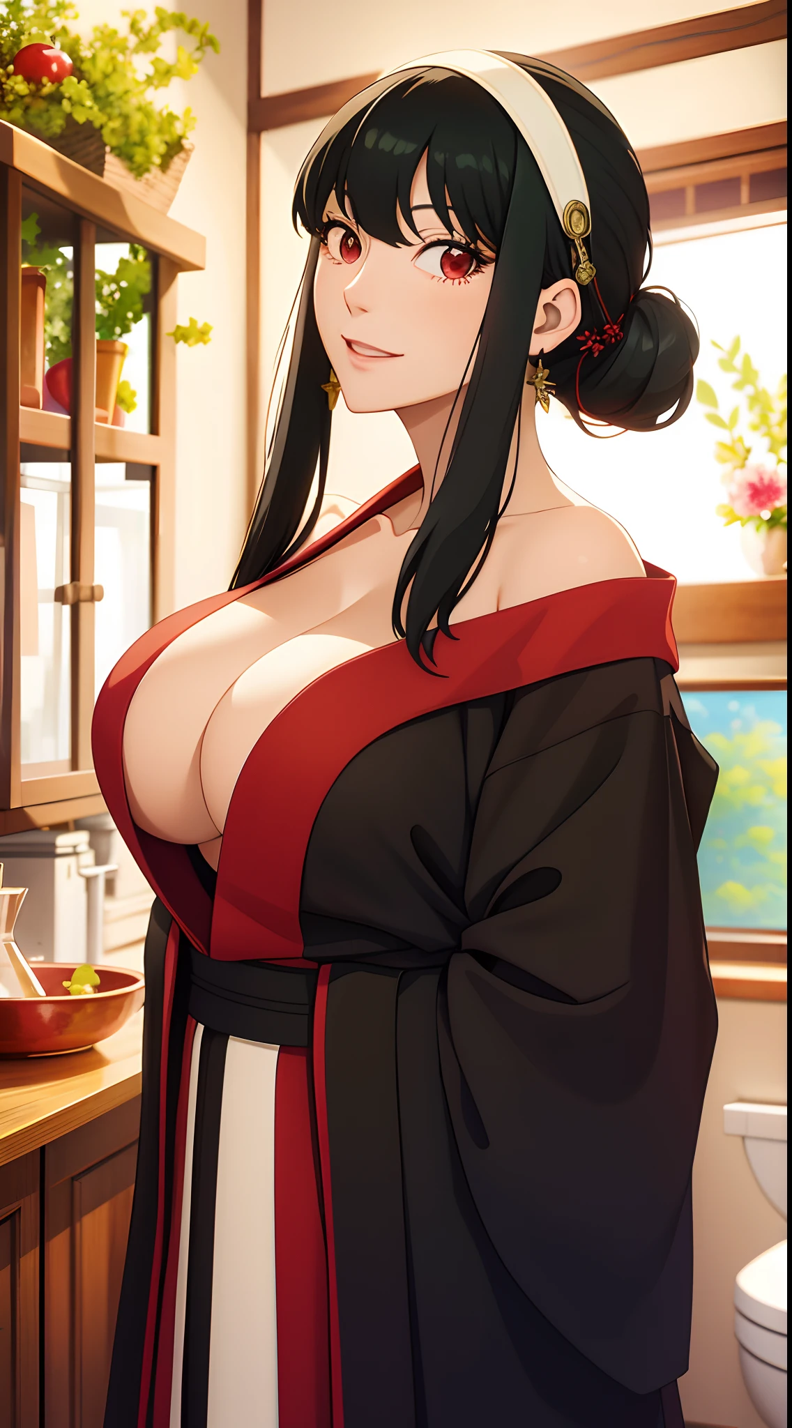 yor, (Mature female, bangs, side locks, Red eyes, Black hair, hair adornments, Huge breasts3),Portrait of a girl, (face:1.2), schoolgirls, ssmile,bare shoulders, Black hair, cherry blossom, cleavage, (Robe:1.21), 鎖骨, Willow Branch, (masterpiece best quality :1.2), NSFW