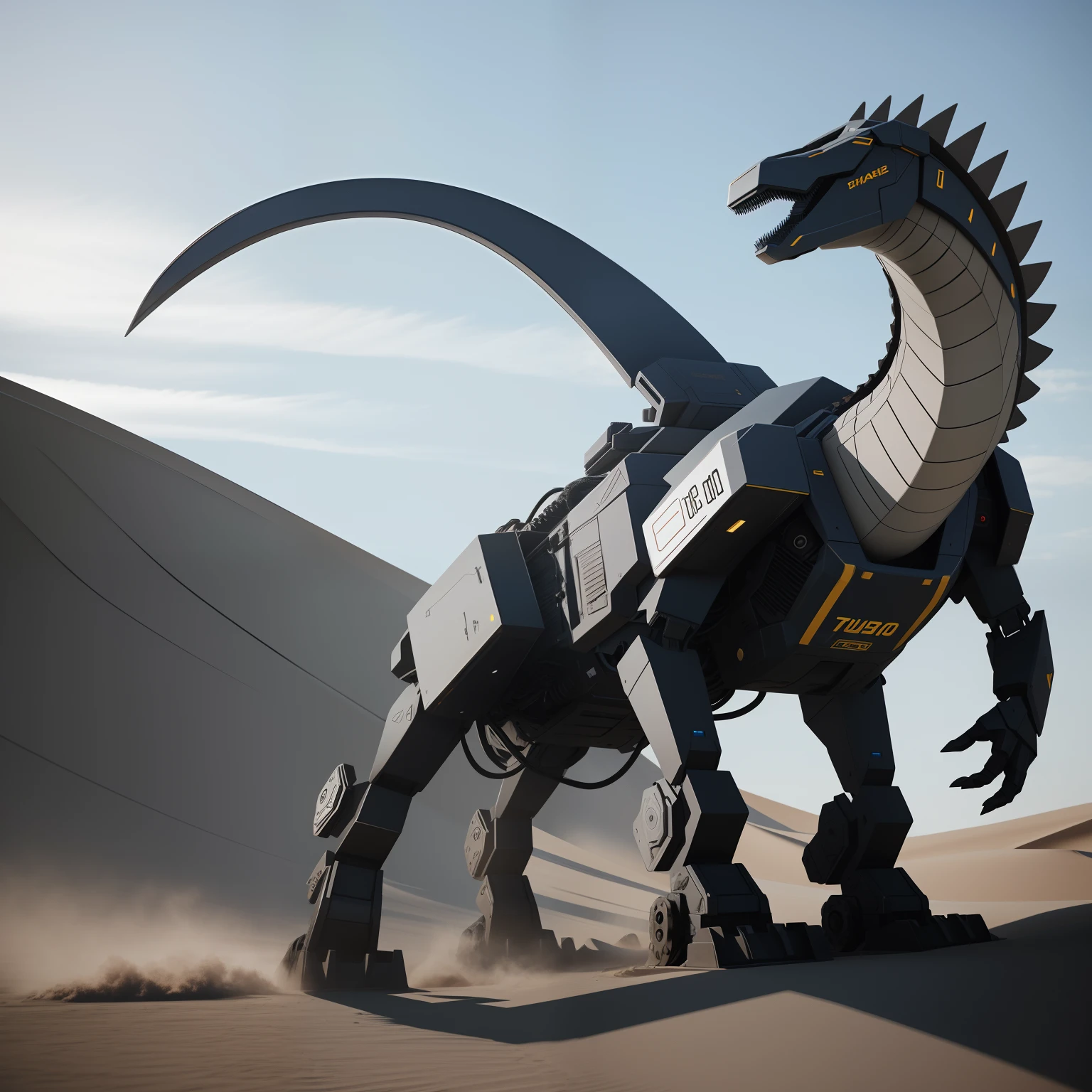 There's a big robot dinosaur standing in the desert, Criado em Unreal Engine 5, non-Unreal Engine 5 rendering, renderizado em octane render, renderizado em octane render 32k, Feito em Unreal Engine 5, renderizado no motor arnold, feito com motor irreal, criado em octane render, Super renderizado em octano render, renderizado em keyshot, Non-unrealistic engine rendering