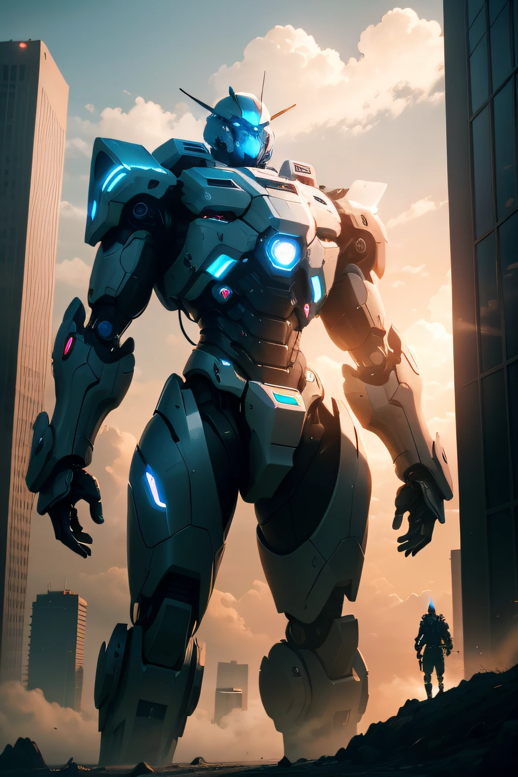 "sky, cloud, holds_weapon, no_human, glowing, robot, building, radiant_eyes, mech, sci-fi, cityscape, realistic, mechanical"