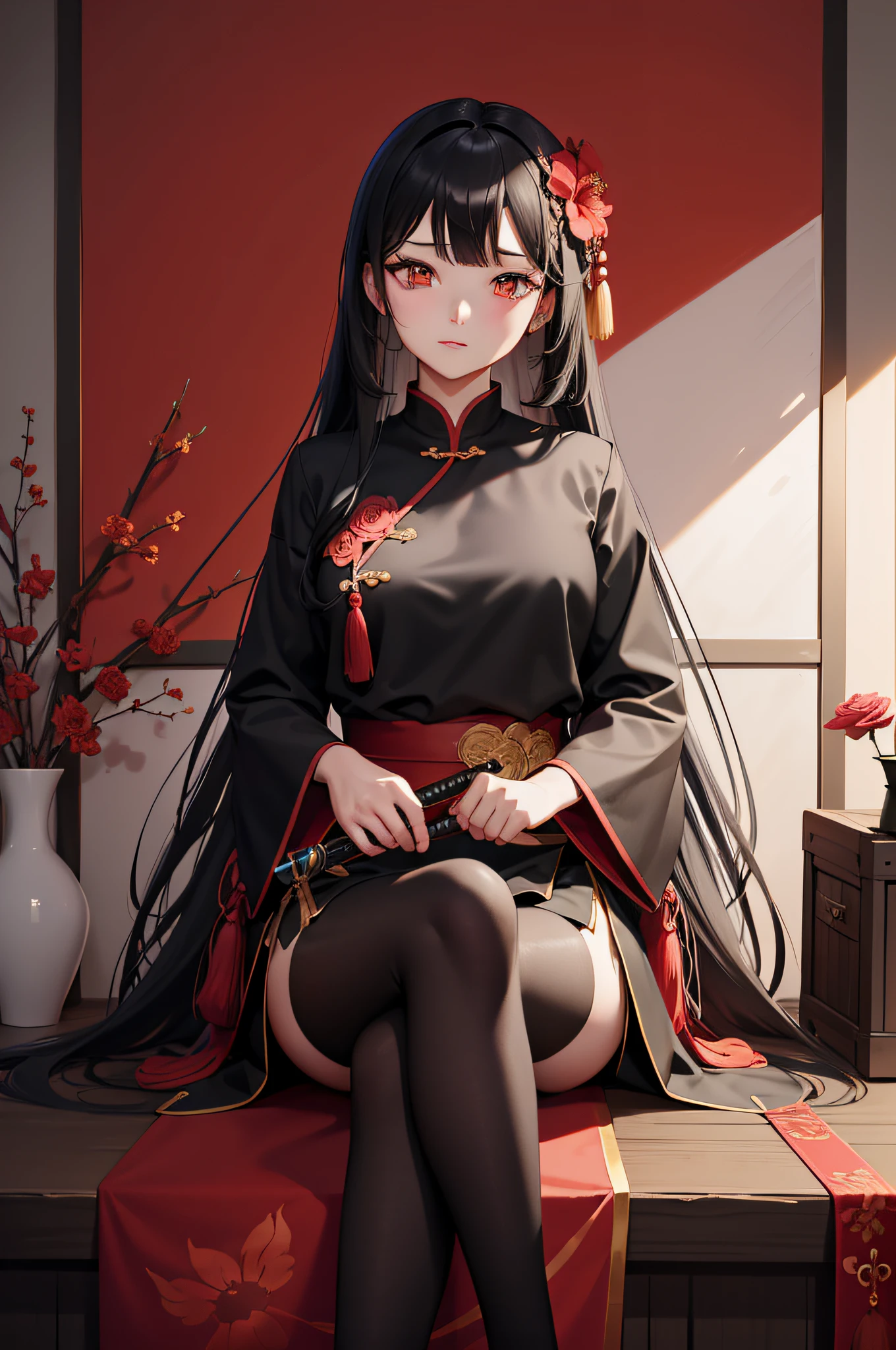 Black hair with traditional Chinese colors, The beauty of the cheongsam，camelliamix，florals，Red flower，Red rose，rosette，The sword，arma，katana swords，1girll，Pink_Rose，Pink_flower，Spider lily，shoe，long whitr hair，校服，serafuku，sword sheath，a skirt，独奏，Holding_sword，sword sheath，vases，Looking_at_peeping at the viewer，sitted，Orange_flower，pleatedskirt、rose petals、Black shirt、black colored leggings、a black skirt、Holding_sword sheath、Hibiscus flower、Very long hair、partedlips、high-heels、Sailor collar、Black color hair，4K，8K，k hd，