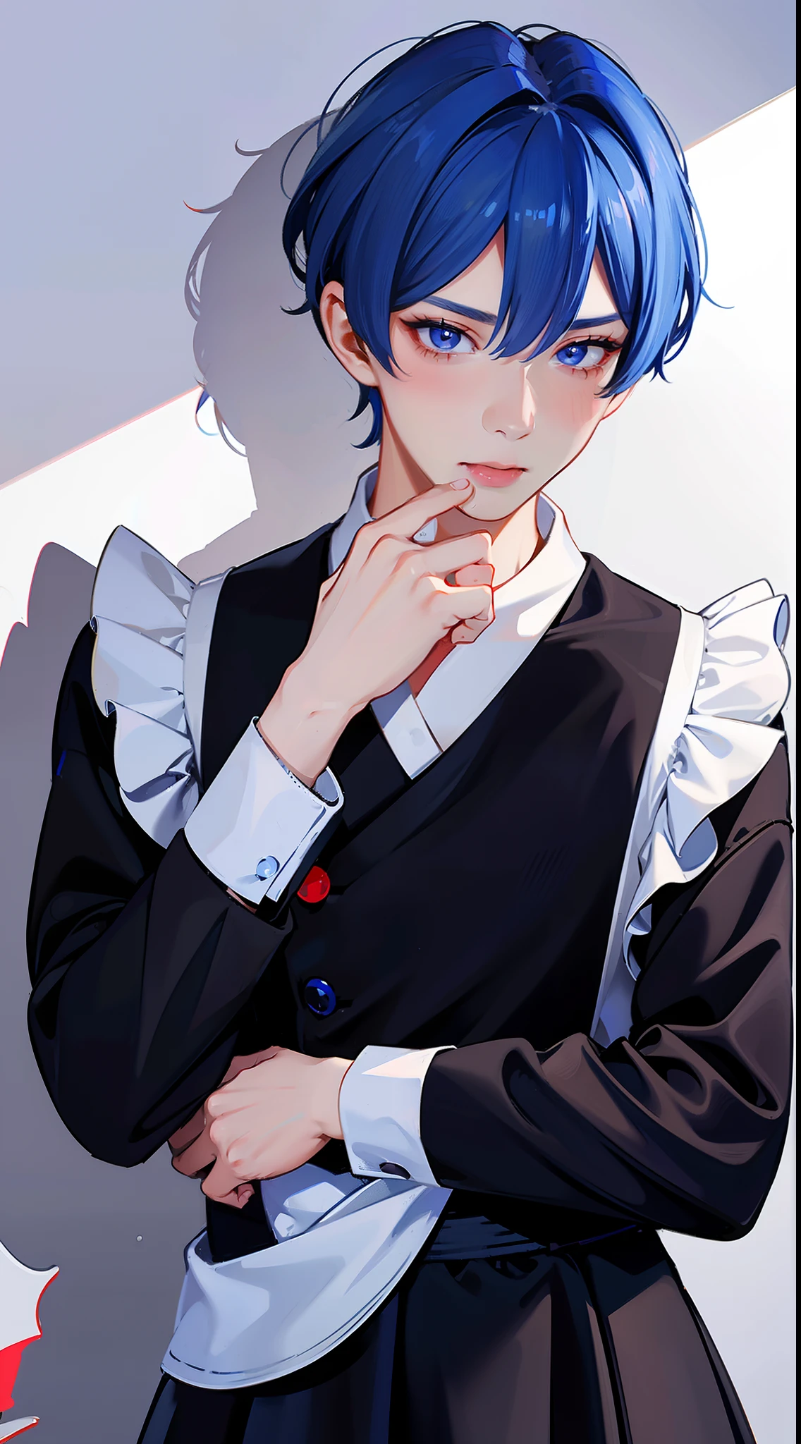 A blue-haired man， Very small pupils， The face is red，Wear black maid outfits，Shy movements，Love eyes, 19 yo, shy，blush，sportrait，​masterpiece，top-quality，Pronounced male physique