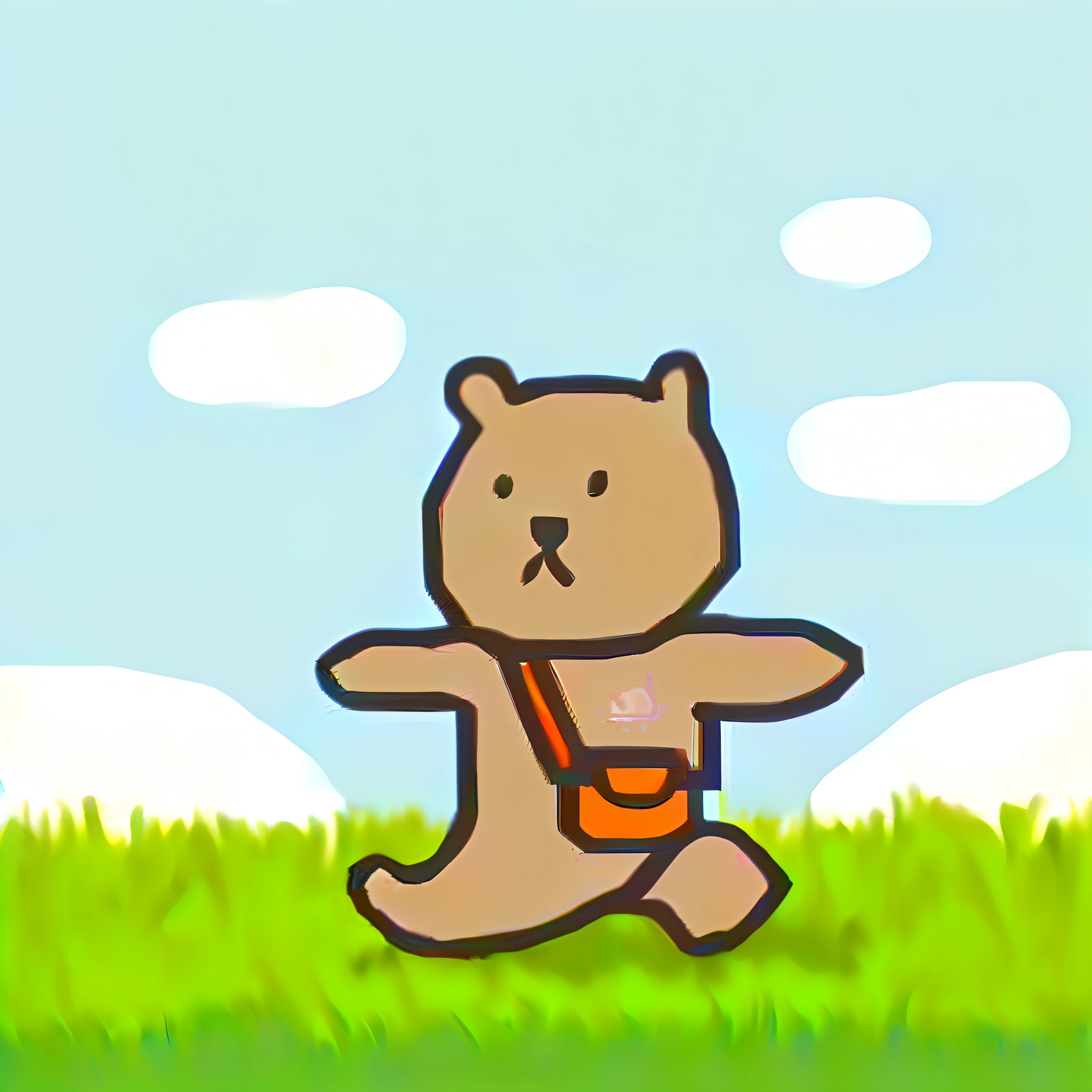 The blue sky, White clouds, Green meadow, a brown bear walking happily, He has a crossbody bag