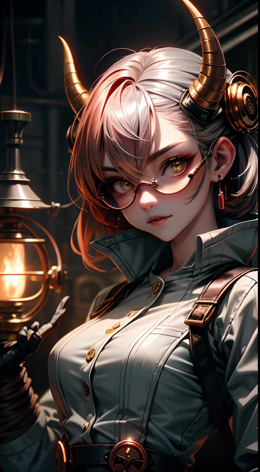 oni, demon girl, steam-powered goggles, twisted horns, copper hair, industrial, metallic ((silver skin)), clockwork city, tinkering with inventions, curious, detailed face, gear-shaped shield, mechanic jumpsuit, wholesome