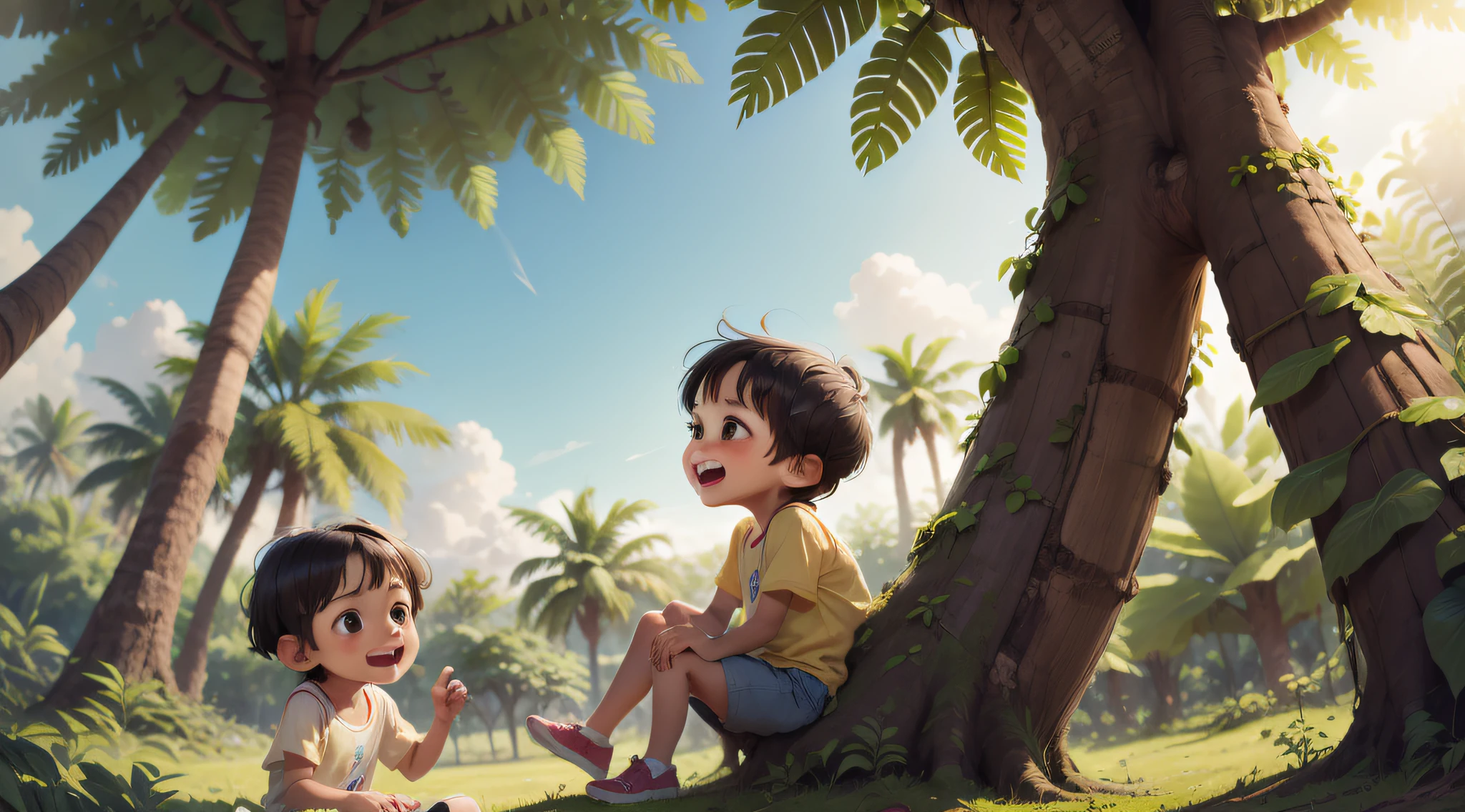 Under a large plantain tree,The two children talked and laughed