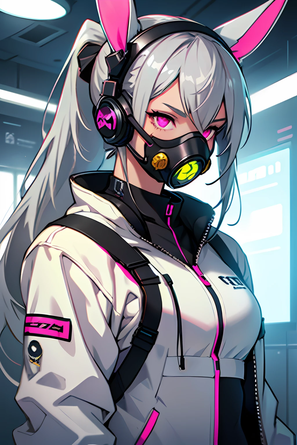 A cyborg girl in cyberstyle，Gray hair，Long ponytail hairstyle，Wear headphones in the shape of rabbit ears and a gas mask，dressed in a white suit，Pink eyes。 --auto