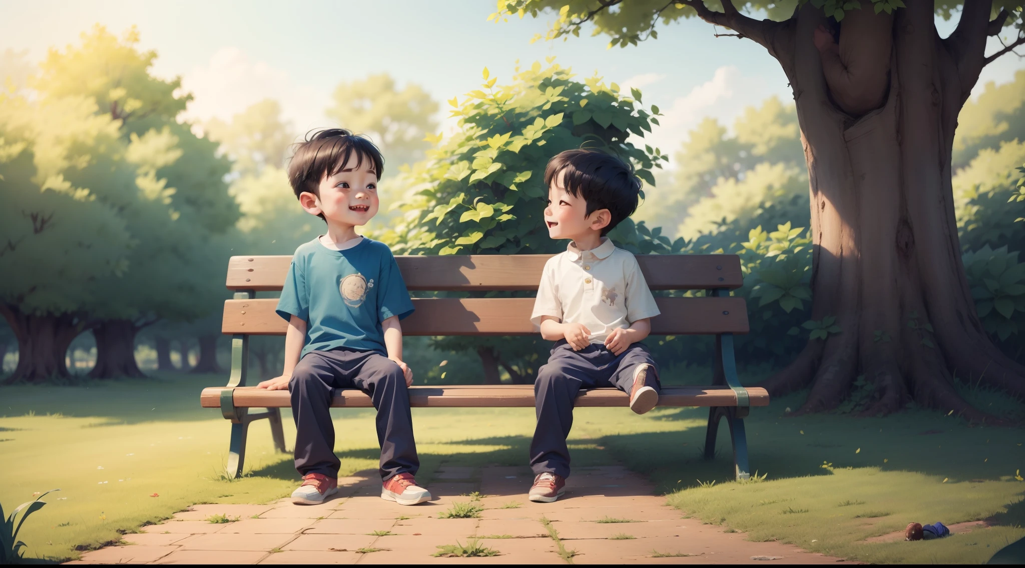 Two boys sitting under a tree,Sit opposite each other。One of them laughed,Point at the other person。The other man smiled and looked down without speaking。