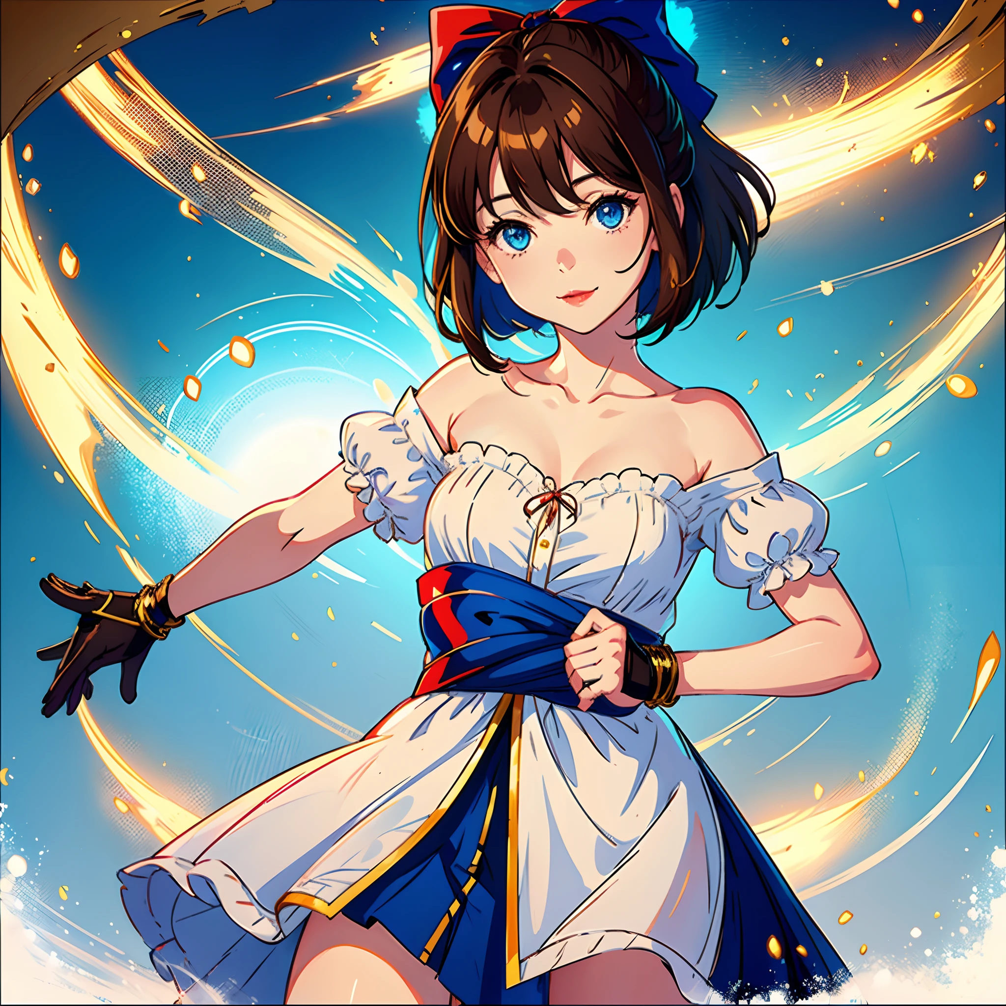 (extremely delicate and beautiful: 1.2), 1girl, fashi-girl, bangs, blue eyes, blurred, blurred background, bow, brown hair, closed mouth, sideways, hair between eyes, hair bow, short sleeves, looking at the viewer, medium hair, solo, upper body, smile, red lips