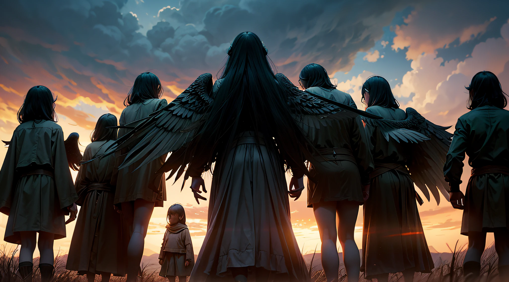 Um grupo de Nefilins, seres gigantes e imponentes, em uma paisagem desolada. They have human features, but they are much larger in stature. Ao fundo, Fallen angels watch from above, with expressions of remorse and sadness. Estilo: hiper-realismo, inspired by classic paintings of giants and mythological beings. Uplighting: luz suave do entardecer, criando um contraste entre a luz e a sombra. Cores: tons terrosos com destaque para os tons de pele dos Nefilins e os dourados dos anjos. compositing: Nikon D850 DSLR camera, Nikkor 85mm f/1.4G lens, Resolution 45.7 megapixels, ISO sensibilidade: 25,600, Velocidade do obturador 1/100, Directional side lighting. --ar 16:9 --v 5.1 --style raw --q 2 --s 750