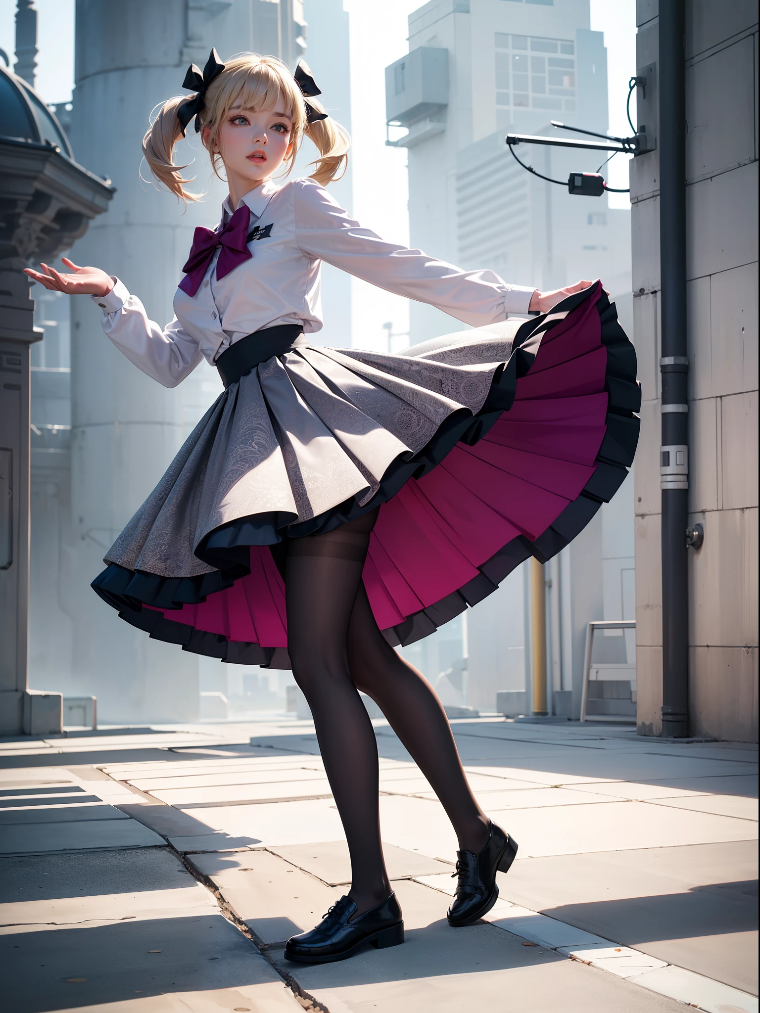 (full body:1.5),(1girl:1.3),(looking at viewer:1.4),(anatomy correct:1.3),(In the paradise of the day:1.3),(Wearing Very thick Printed Pantyhose and Lolita style JK uniform printed pleated skirt and JK uniform leather shoes with bow decoration :1.3), (A high jump posture:1.3),(In pink|amarelo|blue colors|green color|red colour|white colors|black in color|purpleish color|greys|Beige|Flesh color 1.4),,(Accurate and perfect face:1.4),(Clothing Gloss:1.25),(Skin reflection:1.25),hyper HD, Ray traching, reflective light,structurally correct, Award-Awarded, high detal, lightand shade contrast, Face lighting,cinmatic lighting, tmasterpiece, super detailing, high high quality, high detal, best qualityer, 16k,high contrast,
