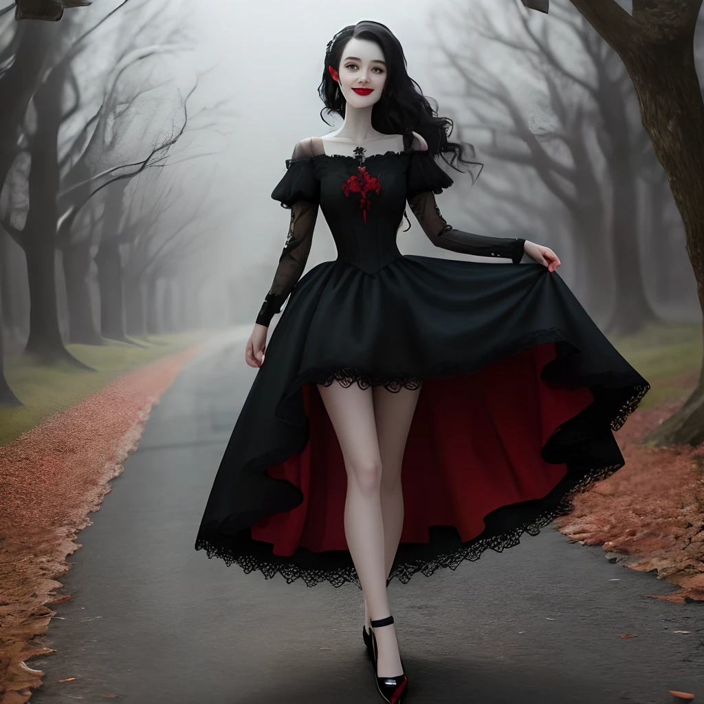 The pale face had black and red blood on it
Spooky smile
Red wedding dress embroidered shoes