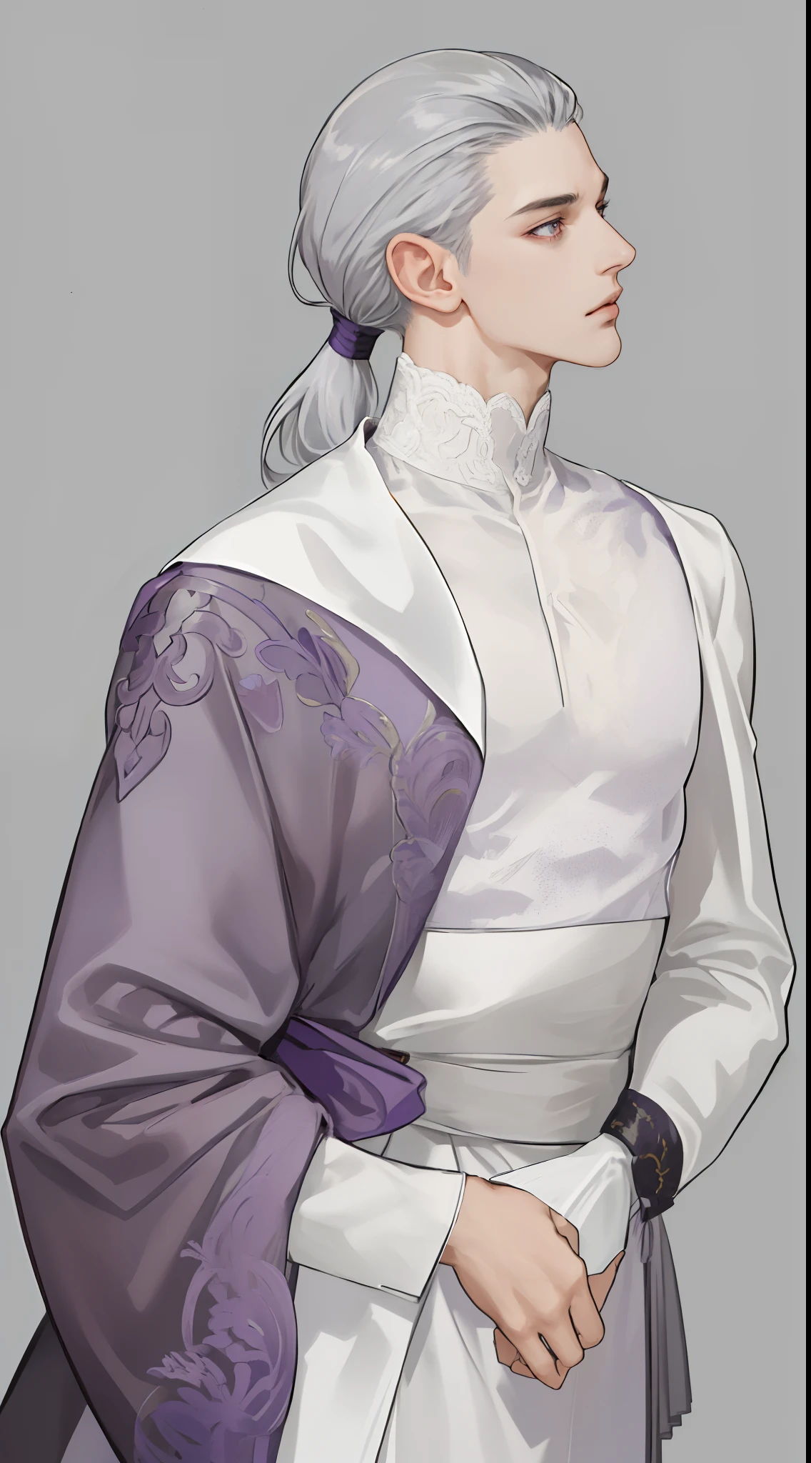 masterpiece, best quality, realistic, 1man, male focus, male model, tall muscular, handsome, closed mouth, modern clothes, portrait,extremely detailed face, low ponytail silver hair, flying bangs, purple eyes, grey background, simple background, SIDE VIEW, looking at the viewers, looking down