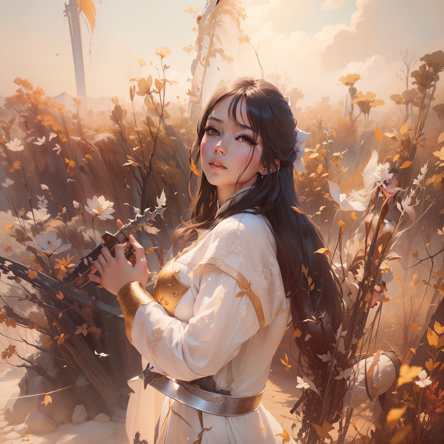 a close up of a woman with a sword in a white dress, a character portrait by Yang J, trending on cgsociety, fantasy art, beautiful character painting, artwork in the style of guweiz, guweiz, white hanfu, flowing white robes, full body wuxia, epic exquisite character art, stunning character art, beautiful female assassin