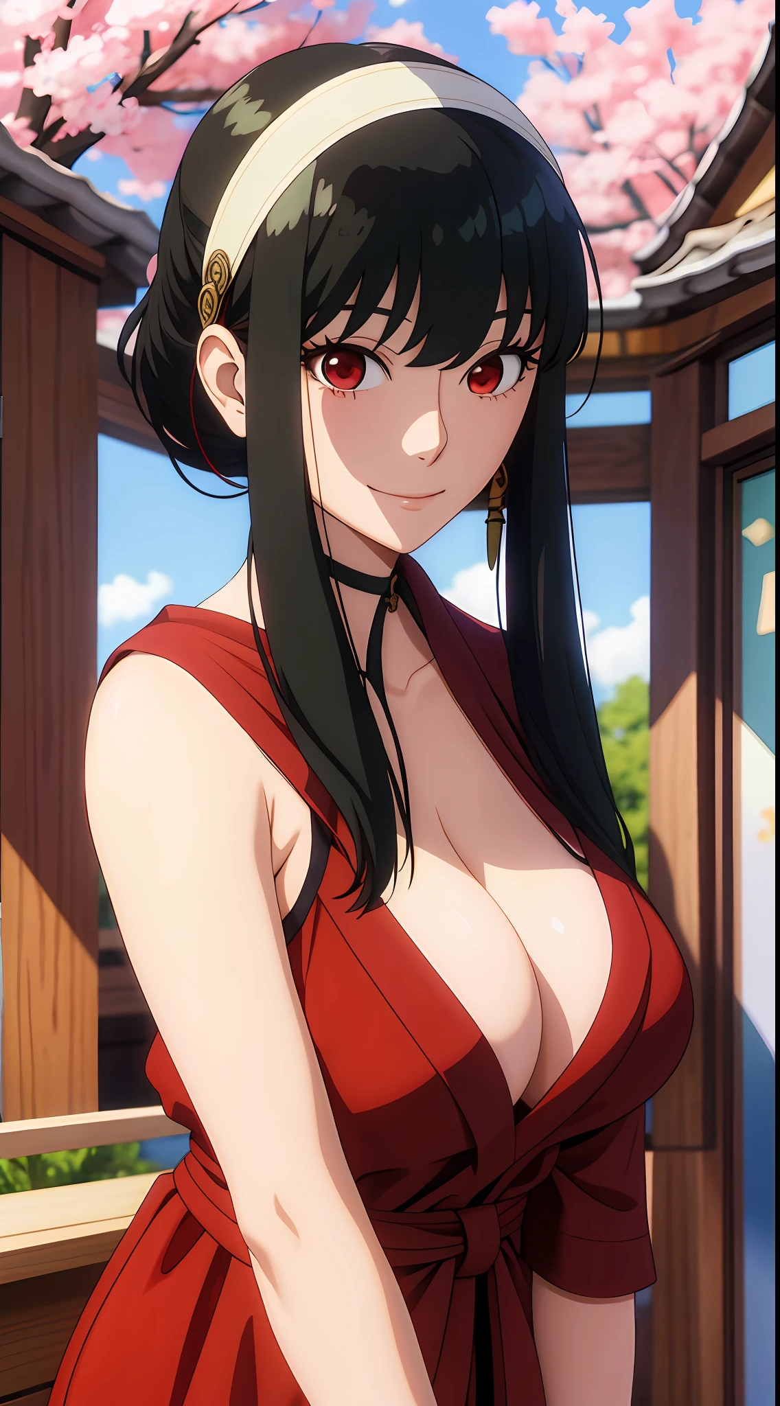 yor, Mature female,  bangs, side locks, Red eyes, Black hair, hair adornments, Huge breasts，sportrait, (face:1.2), schoolgirls, ssmile,bare shoulders​, Black hair, cherry blossom, cleavage, (Robe:1.21), 鎖骨, Willow Branch, (masterpiece best quality :1.2),