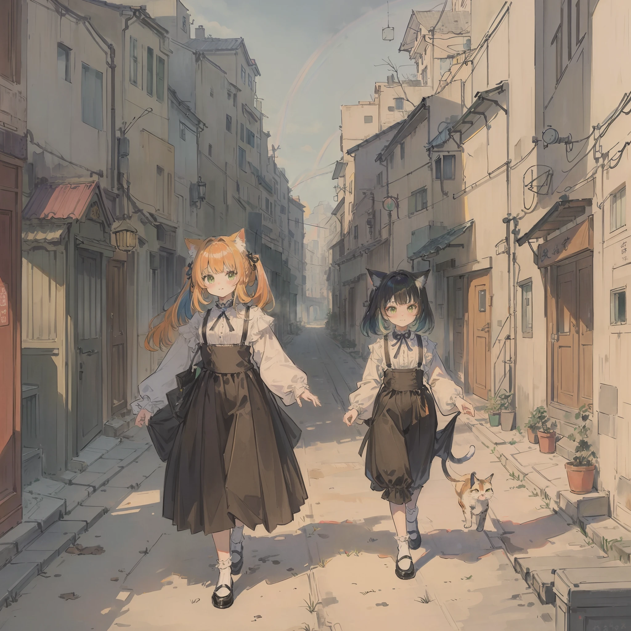 Cats((Take a cute cat 1.5))、((Best quality1.2))、((masterpiece))、Kim hair((rainbow-colored hair))、alleyway、I have a cute cat、Hachiwale