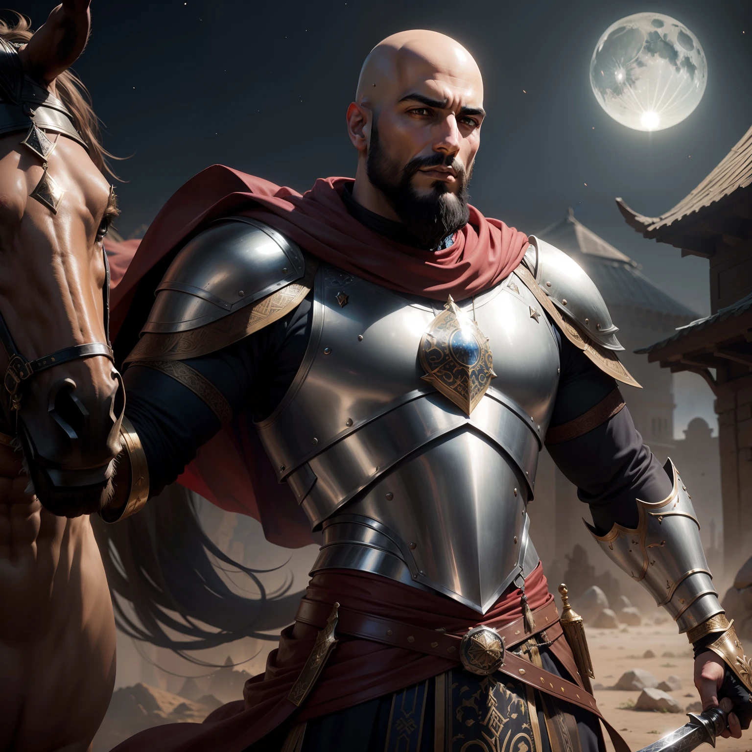 Arabian moroccan handsome bald beard muscular medieval warrior leather Armor outfit shiny Moon behind hyper realistic super detailed Dynamic pose holding Sword dramatic lighting