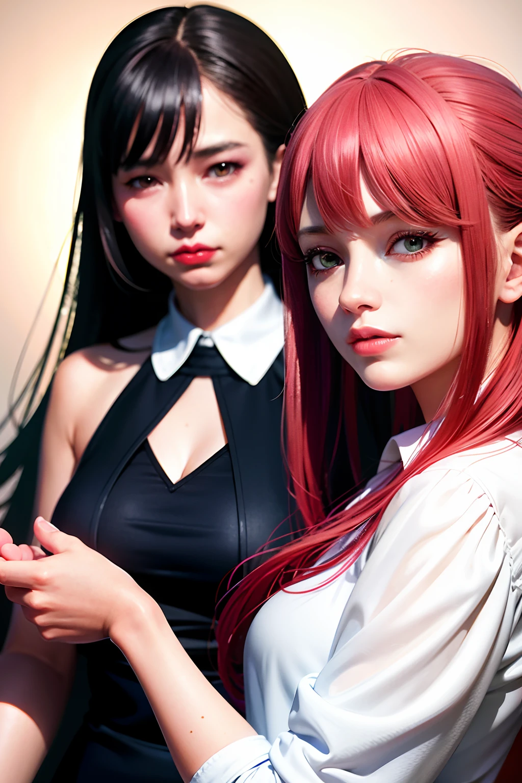 duo,Two women in costume take selfies,colorful pigtail, anime cosplaying,Stand side by side on the bridge, Guvez style artwork, inspired by Yanjun Cheng, loish and ross tran, High-quality portraits, realistic portrait photo, photography of：yanjun cheng, Photorealistic!!!!!!! Art style, Loish et WLOP, Popular in CGSTATION, yanjun cheng, WLOP and Sakimichan temperament girl, Delicate facial features, bangs, Black ponytail, Messy hair, hair photorealistic, wearing white clothes, In the background are the sky, Sea view, Du Qiong, Exquisite makeup, Light red lips, Big eyes, Double eyelids, Black holes, Bright eyes, Symmetrical face, Very real faces, Detailed portrayal of the girl's face, Blush, Super high appearance, Looking at the audience, Very realistic skin, Skin oil reflexes, artwork of a, Clothes with real fabric textures, Realistic painting, Film style, Photography level, Ray tracing, Realistic light and shadow effects, Realism, Masterpieces, Fall in love with photography, 8K