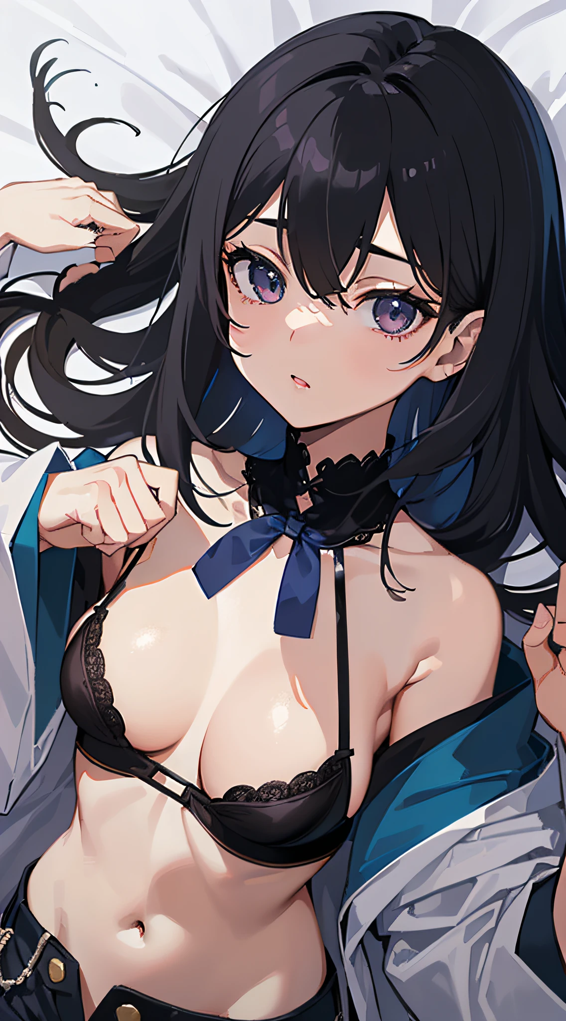 top-quality、top-quality、femele((17 age、japanes、、cute little、A dark-haired、Longhaire、Black bra、Blue shorts,big bast、Bust 95、Breasts wide open、A slender、Lie on your side)),hiquality、depth of fields、Background with((Hotel Bed))