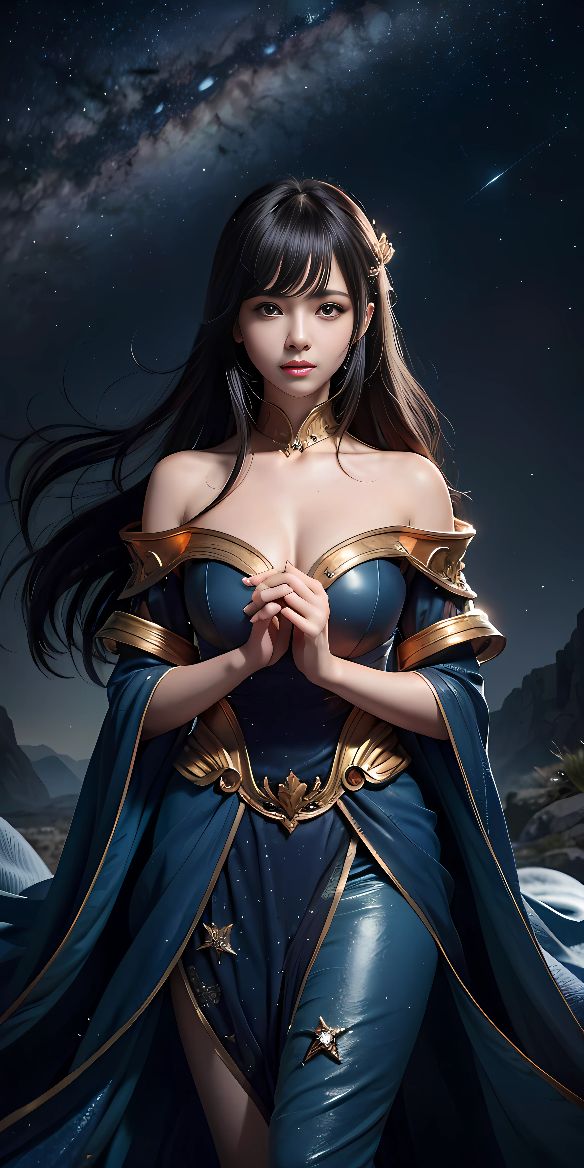 On a meadow on the top of a sapphire mountain, (starry sky), a beautiful girl, masterpiece, absolutely beautiful, eye close-up, natural beauty, asymmetrical hair, curtain hair, hair over the shoulder, ji cut, long hair, parted bangs, bangs, slanted bangs, jewelry, tears, crying with eyes open, disappointed, despair, frustration, loneliness, frustration, sulking, worrying, sobbing, starry sky, milky way, sea of stars, high detail, anime, depth of field, anatomically correct, textured skin, masterpiece, ccurate, high quality, high detail, Super detail, best quality, high resolution, 8k, UHD