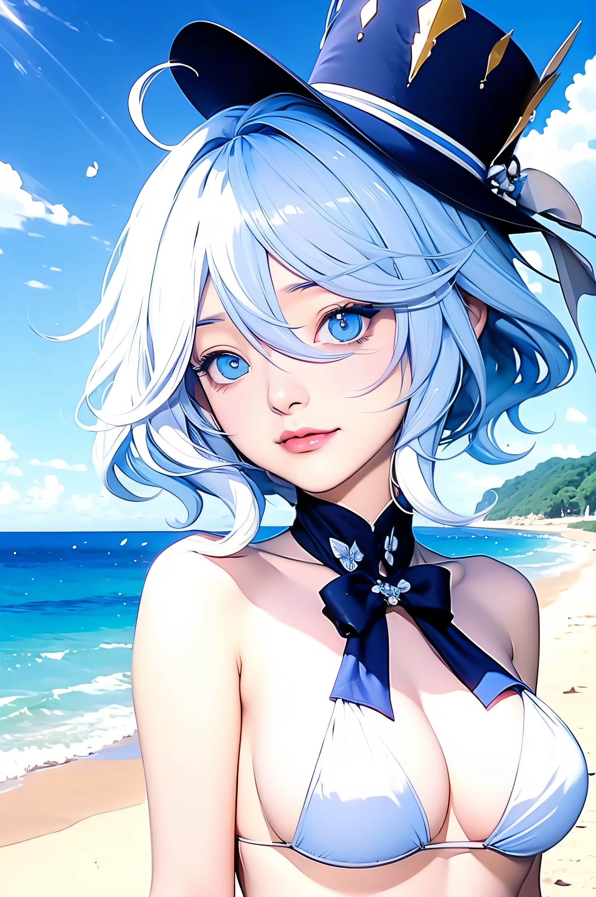 anime girl with blue hair and a top hat on a beach, an anime portrait of cirno, rem rezero, official artwork, cirno, , anime moe artstyle, ayanami, splash art anime loliautiful anime portrait, nightcore, wallpaper anime blue water, smooth anime cg art, detailed digital anime art, high quality anime artstyle