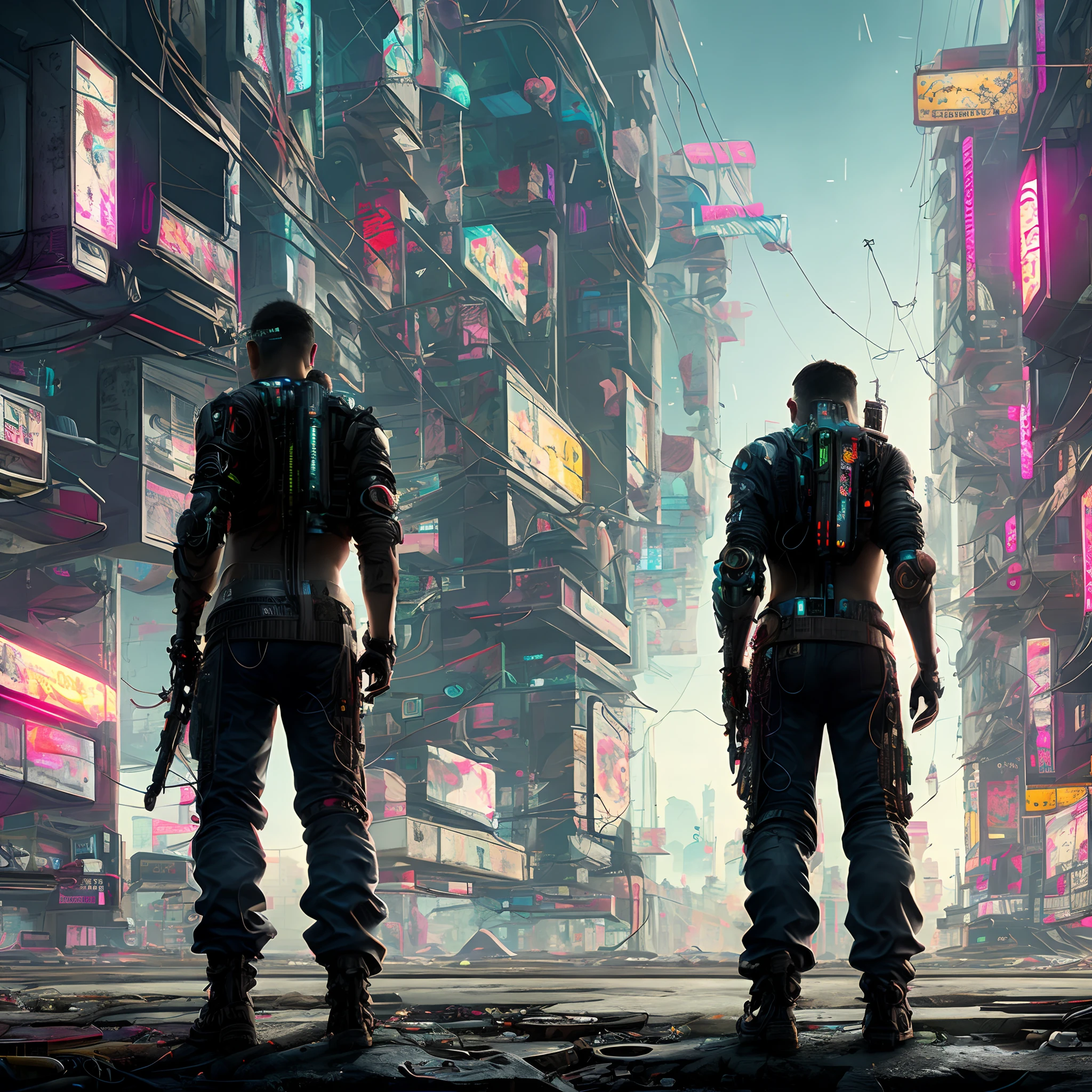 obra-prima, melhor qualidade, alta qualidade, papel de parede 8k extremamente detalhado da unidade cidades cyberpunk, 1garoto ruivo de cabelo comprido, Cyberpunk pants, jaqueta preta de couro, corpo inteiro